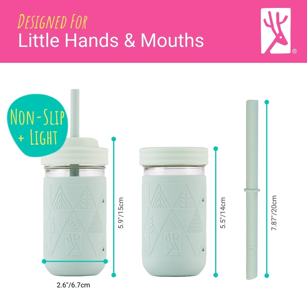 Elk and Friends 12oz Kids & Toddler Glass Mason Jars with Silicone Sleeves & Straws | Spill-Proof Drinking Cups for Smoothies, Milk, Juice | Perfect for Home, School, and Travel