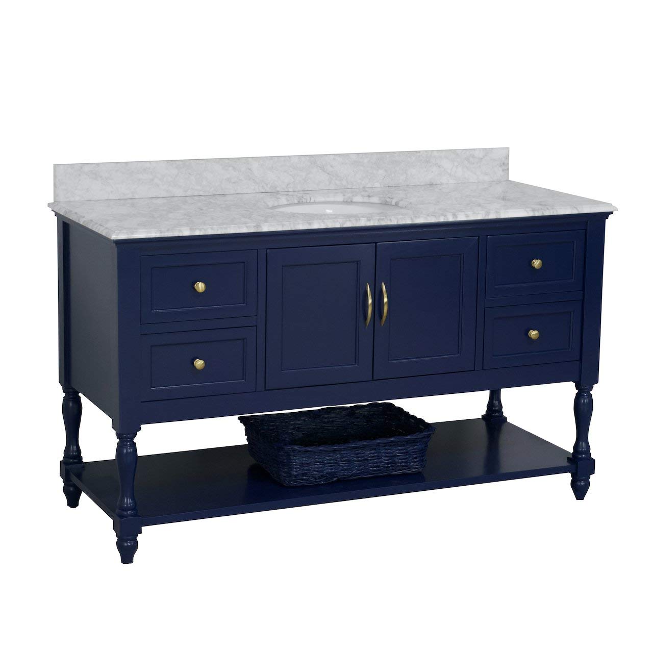 Beverly 60-inch Single Bathroom Vanity with Carrara Marble Top & Royal Blue Cabinet - White Ceramic Sink Included | Modern Bathroom Furniture for Master Bath, Guest Bath & Powder Room | Durable Italian Marble Countertop & Spacious Storage