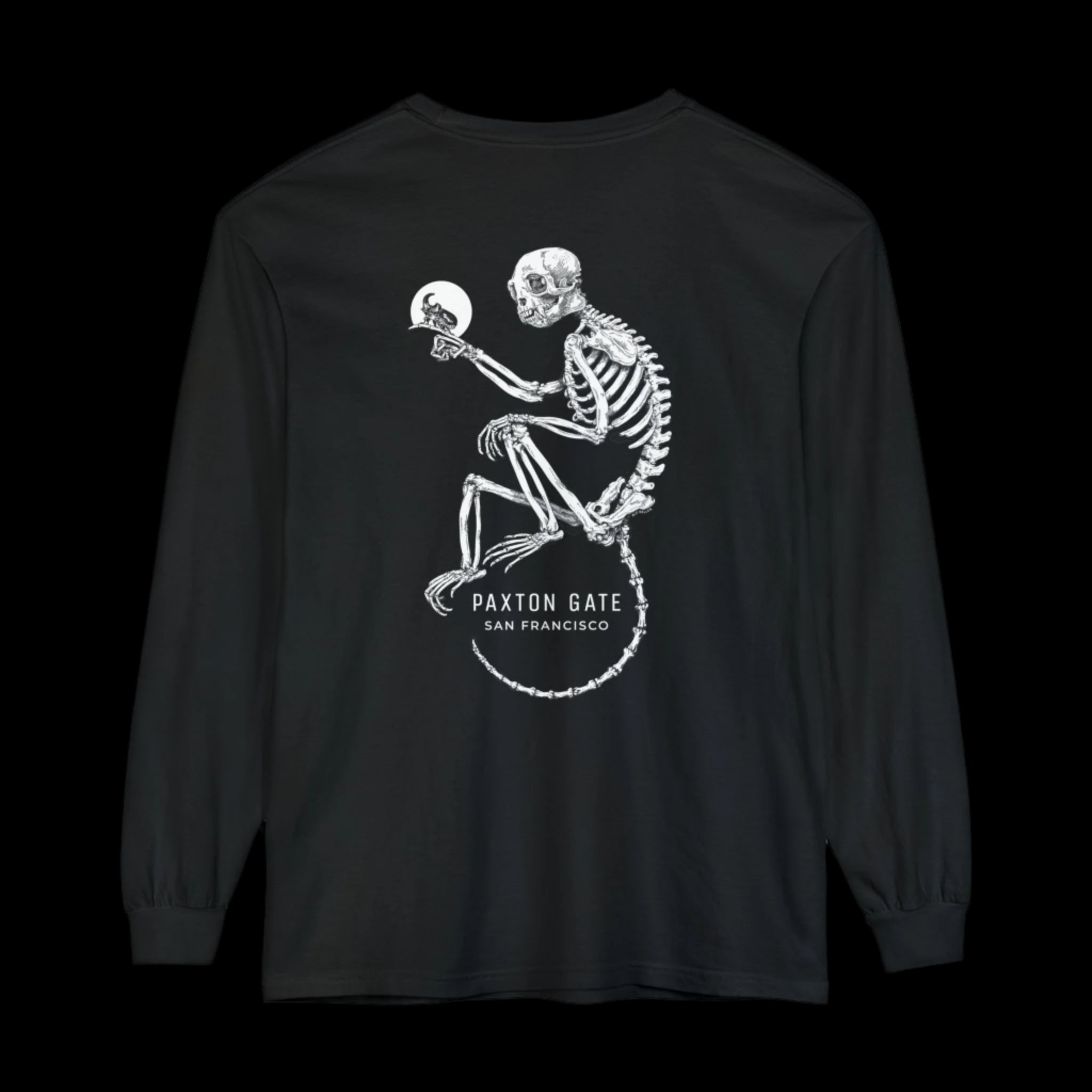 Unisex Paxton Gate Skeletal Monkey Long Sleeve T-Shirt by Zoe Keller | Gothic Animal Print Tee for Men & Women | Perfect for Halloween, Dark Fashion & Alternative Style Outfits