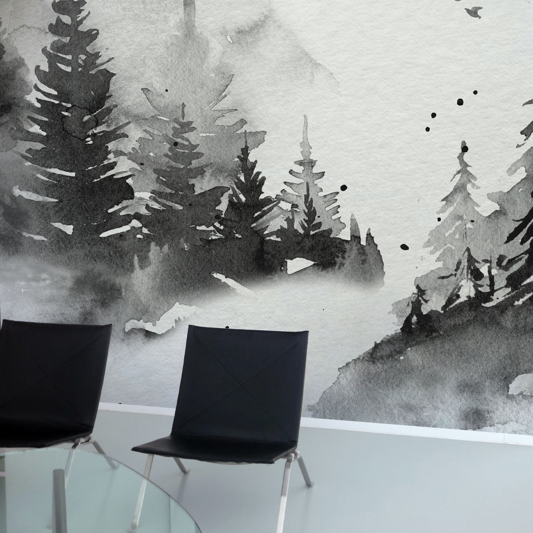 Black & White Woodland Wall Mural WM027 - Nature-Inspired Forest Wallpaper for Living Room & Nursery Decor