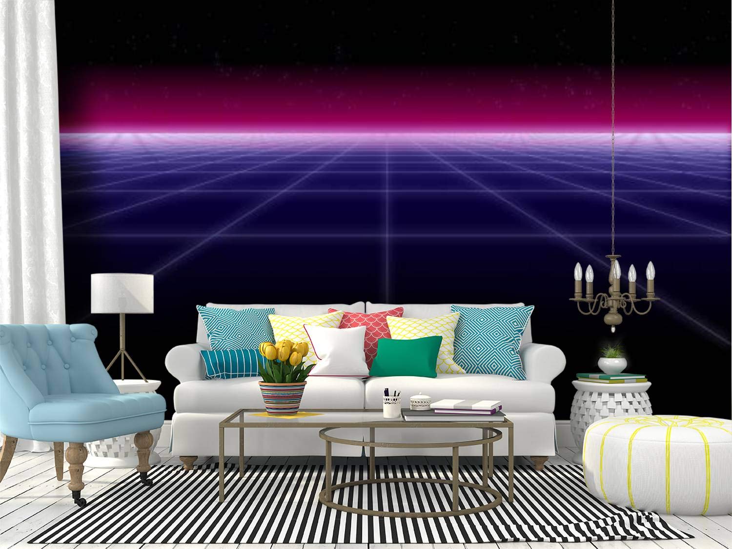 Retro Synthwave Wall Mural with Neon Grid & Stars - 3D Peel and Stick Wallpaper | Self-Adhesive Vinyl Film for Bedroom, Living Room, Game Room & Office Decor | Large Removable Wall Sticker for Home & Commercial Spaces