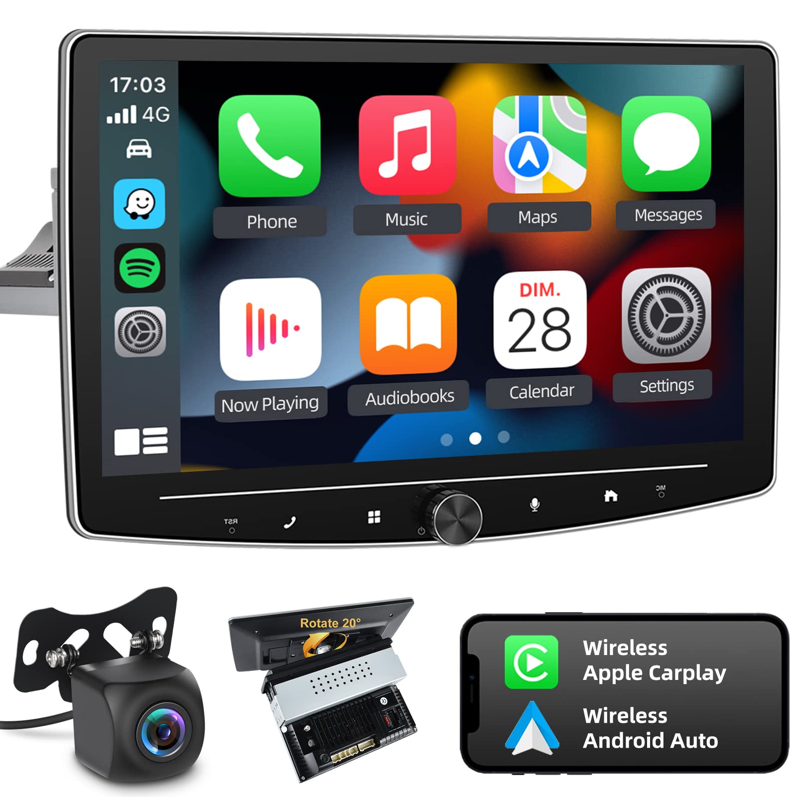 NHOPEEW 10 Inch Single Din Android Car Stereo - Wireless Apple CarPlay & Android Auto, Floating Touchscreen, AHD Backup Camera, Bluetooth, GPS, WiFi, HiFi Audio - Perfect for Road Trips & Daily Commutes