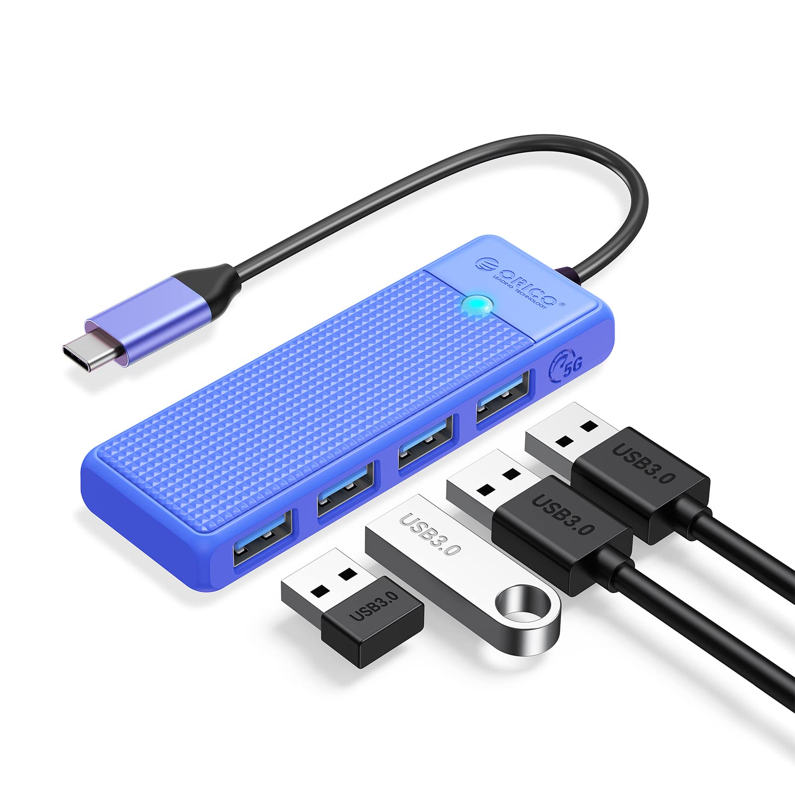 ORICO 4-Port USB C Hub - USB C to USB 3.0 Multiport Adapter for MacBook, iPad Pro, Surface, XPS, Chromebook & Type-C Devices | Compact 0.5ft Cable | Space Blue | Perfect for Home Office, Travel & Multi-Device Charging
