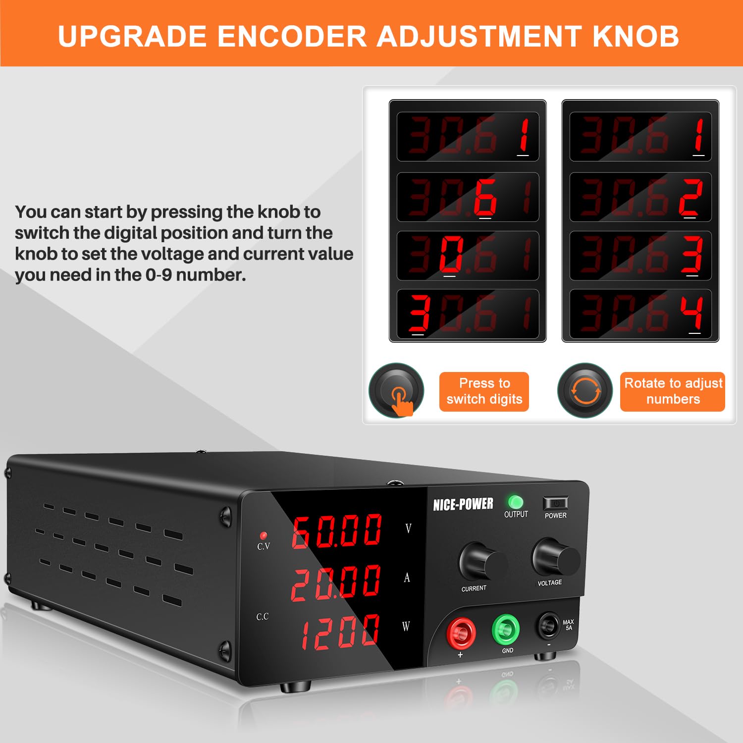 NICE-POWER 60V 20A 1200W Adjustable DC Power Supply with Encoder Knob & Output Switch - High Precision Variable Bench Power Supply for Electronics Repair, Lab Testing, and DIY Projects