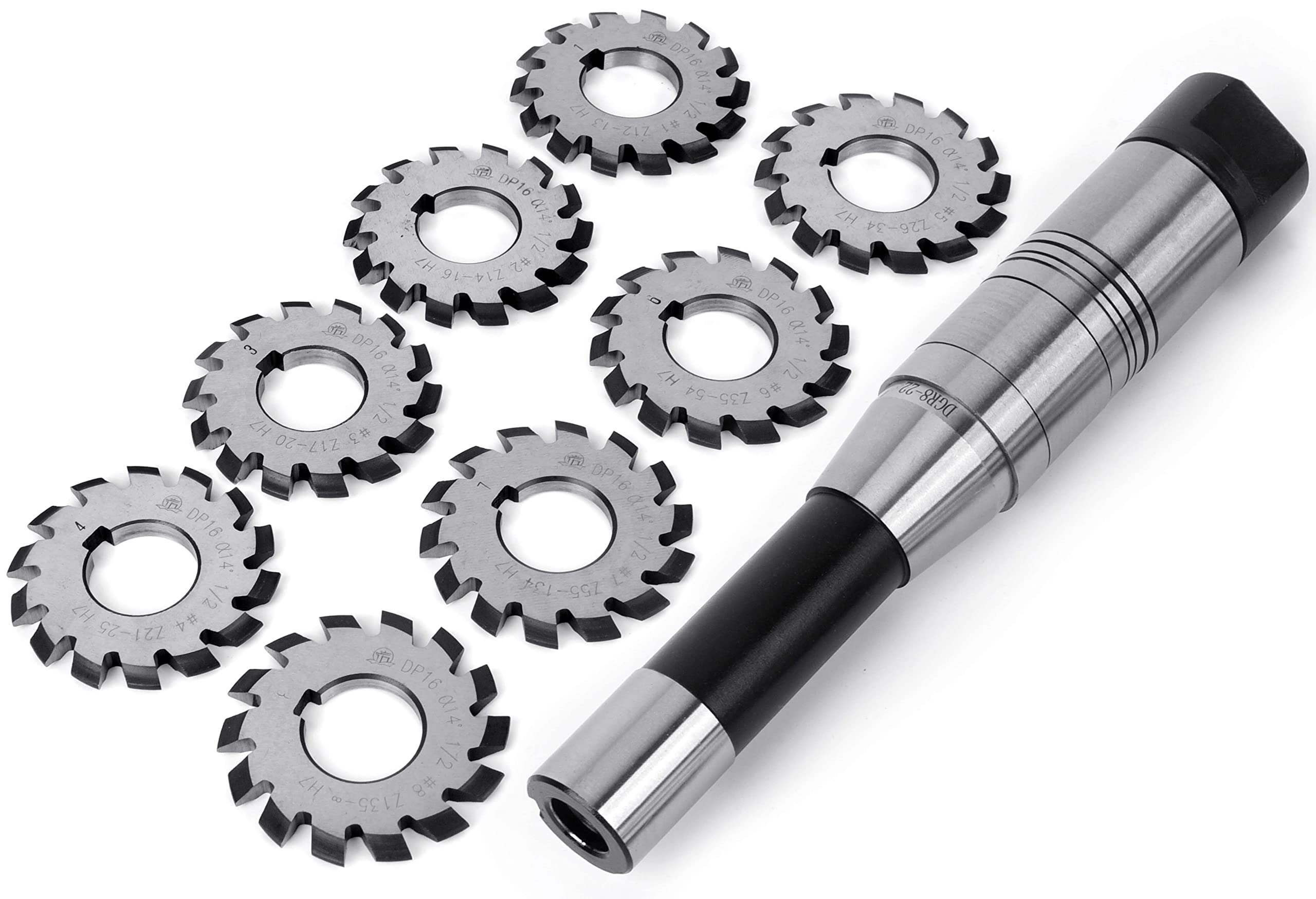 High-Speed Steel (HSS) Involute Gear Cutter Set - DP16 PA14-1/2, 22mm Bore, No.1-8 Cutters with R8 Shank - Precision Milling Arbor Gear Mill Cutter Holder for Lathe & CNC Machining - Ideal for Gear Cutting, Metalworking, and Industrial Manufacturing