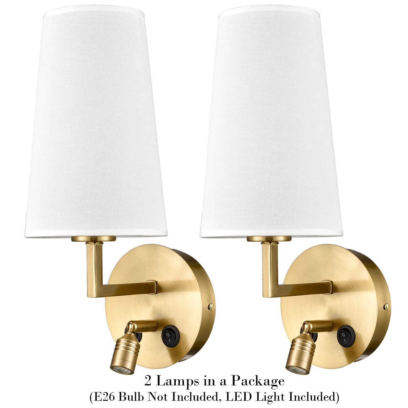 Modern Brass Wall Sconces Set of 2 - Gold USB Wall Lamps with Fabric Shade & Switch - Bedroom, Hallway & Living Room Lighting - Perfect for Ambient Lighting & Home Decor
