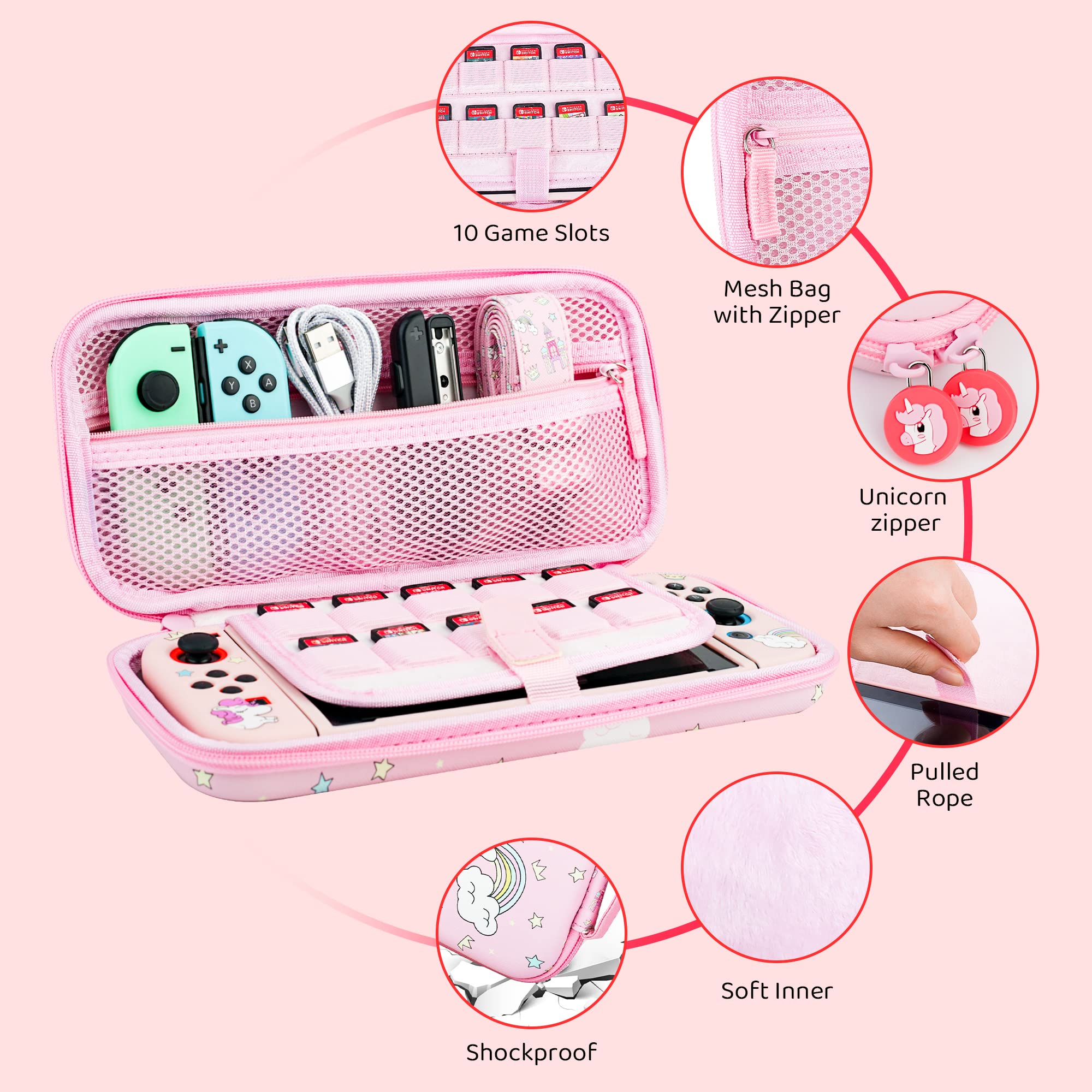 Unicorn Nintendo Switch Carrying Case for Girls - Pink Rainbow Travel Case with Soft TPU Protective Cover, HD Screen Protector, Thumb Grips & Shoulder Strap - Perfect for Gaming On-The-Go & Travel Accessories Storage