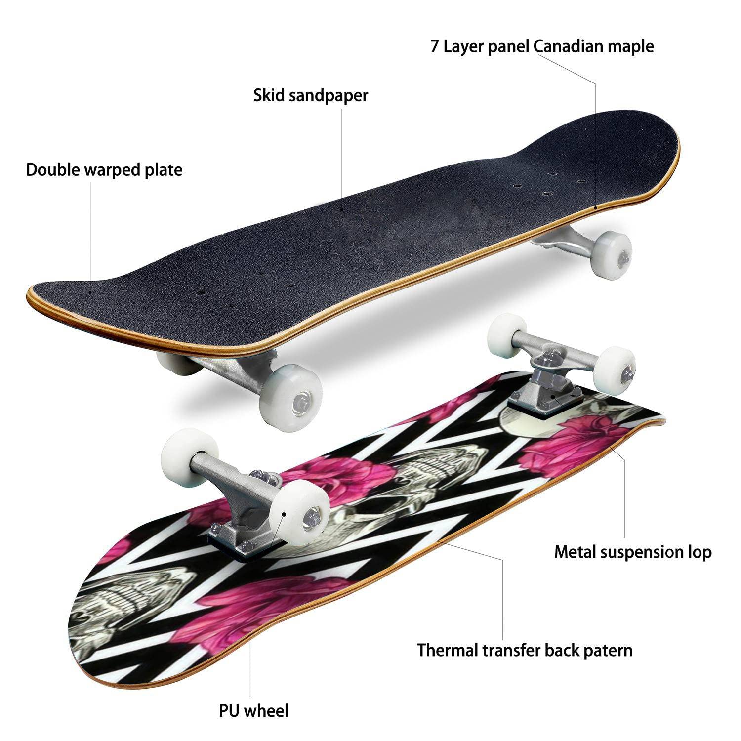 Skull & Pink Roses Geometric Skateboard - Classic Concave Longboard for Beginners & Pros | Extreme Sports Gear, Cool Teen Gifts | Perfect for Street Skating, Park Tricks & Commuting