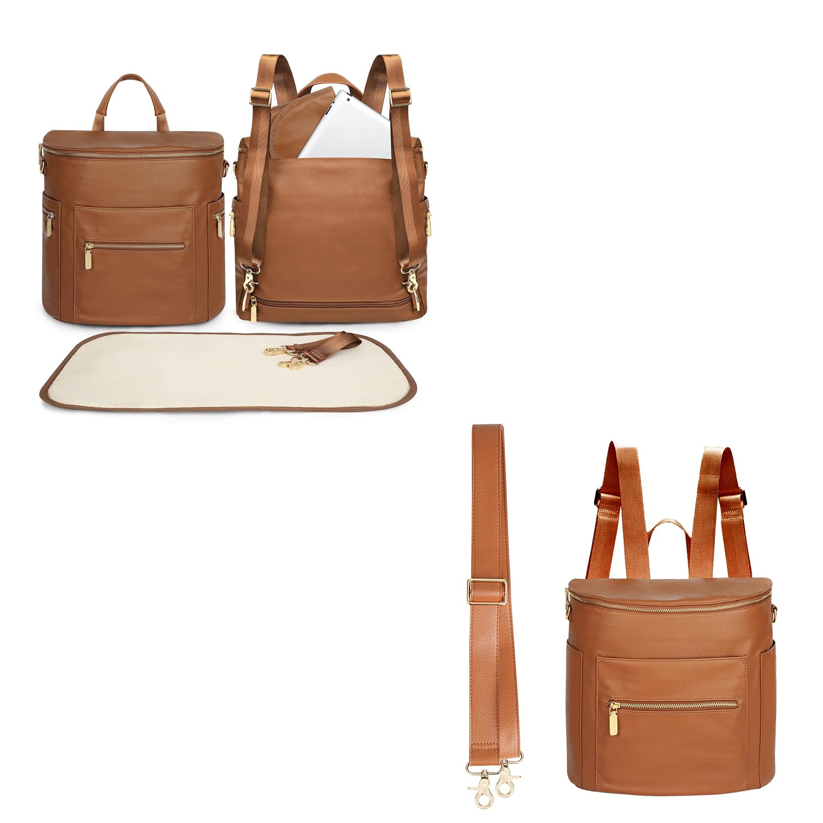 Miss Fong Premium Leather Diaper Bag Backpack - Waterproof Baby Bag with Detachable Changing Pad (Regular + Mini Sizes) | Perfect for Moms, Travel & On-the-Go Parenting