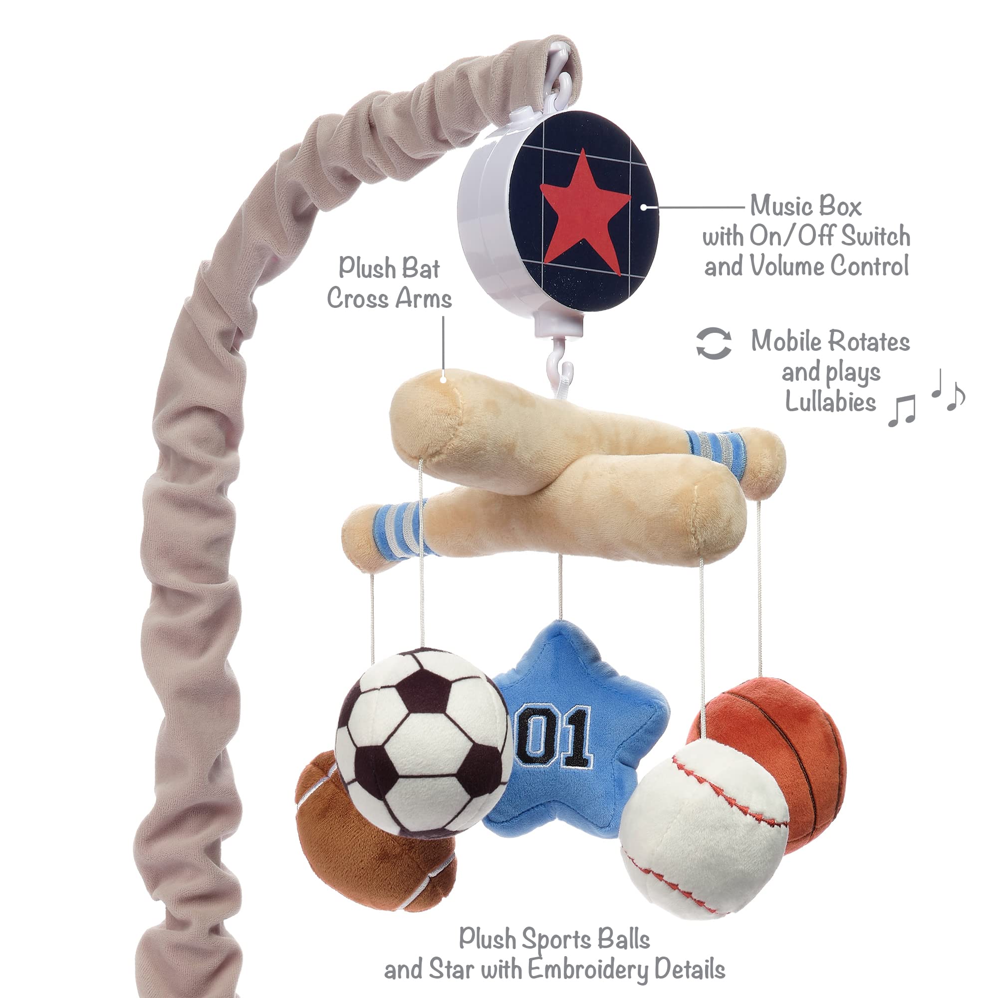 Lambs & Ivy Baby Sports Musical Crib Mobile Soother Toy - Gray | Nursery Decor for Newborns & Infants | Perfect for Bedtime & Playtime