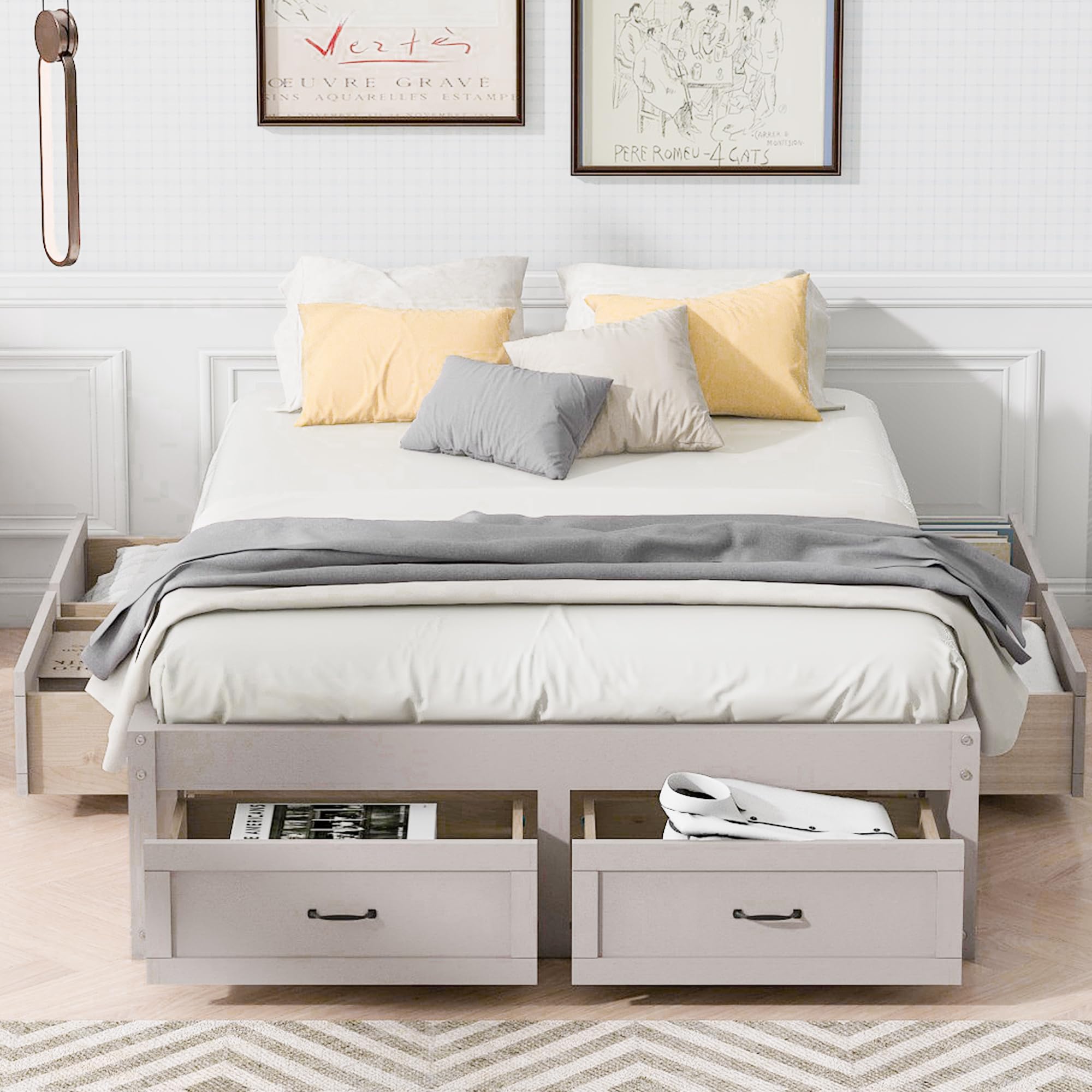 Rustic Wood Platform Bed Frame with 6 Storage Drawers - Full Size No Headboard Bed, Solid Wood Mattress Foundation (No Box Spring Needed) - Antique White Finish for Bedroom, Guest Room or Small Space