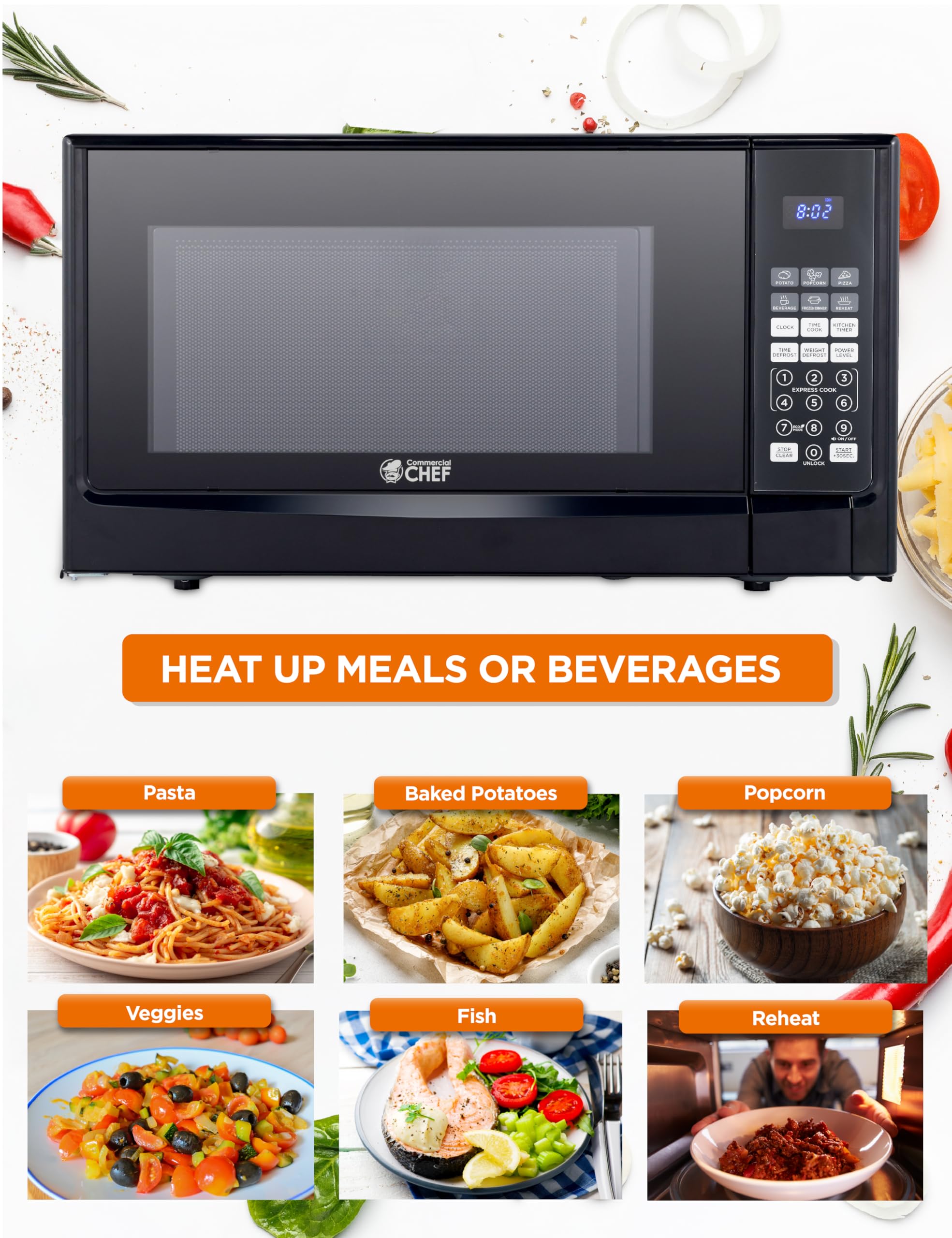 Commercial Chef 1.4 Cu Ft Countertop Microwave - 1100W with 10 Power Levels & Digital Control Panel, Push Button Operation, Timer Function - Perfect for Small Kitchens, Dorms, Offices & Home Use (Black)