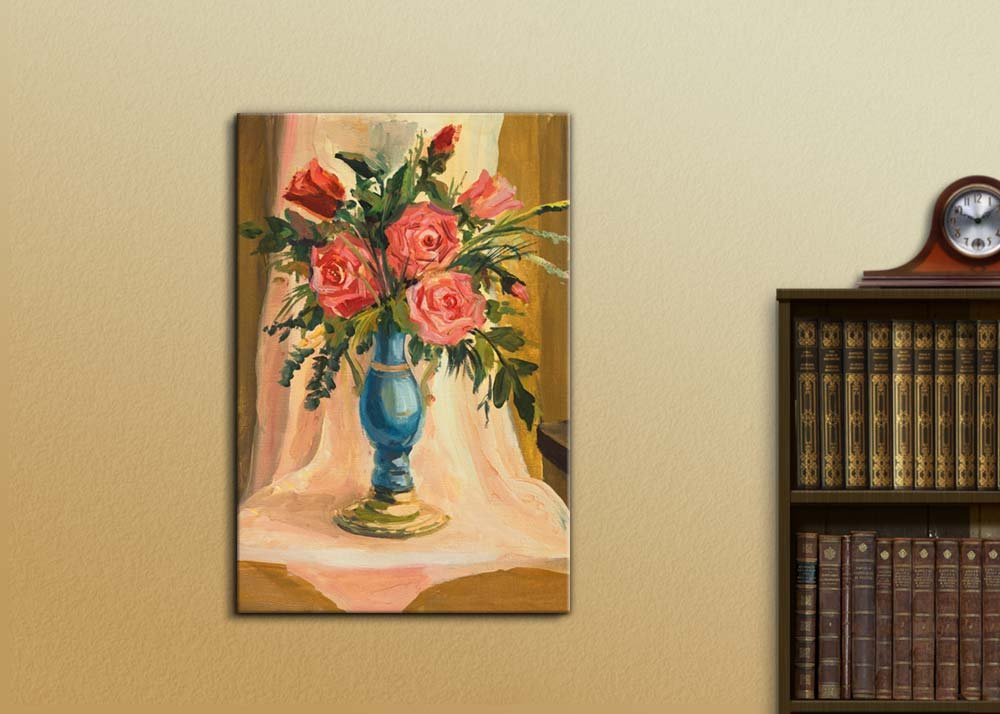 Vivid Red Roses in Vase Oil Painting Canvas Print - Modern Wall Art Decor for Living Room, Bedroom & Office - Stretched Gallery Wrap Ready to Hang - 32x48 Inches - Perfect for Home & Gifts