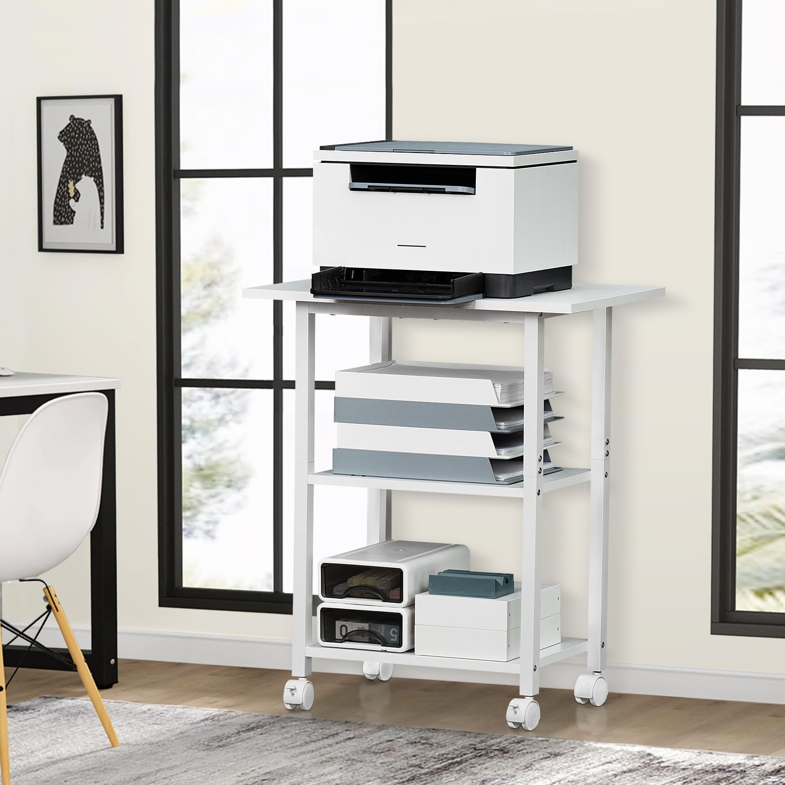 Lerliuo 3-Tier Mobile Printer Stand with Storage Shelf - Heavy Duty Steel Frame Rolling Cart with Lockable Wheels for Home Office Use - Perfect for Laser/Inkjet Printers, Scanners & Office Equipment Organization
