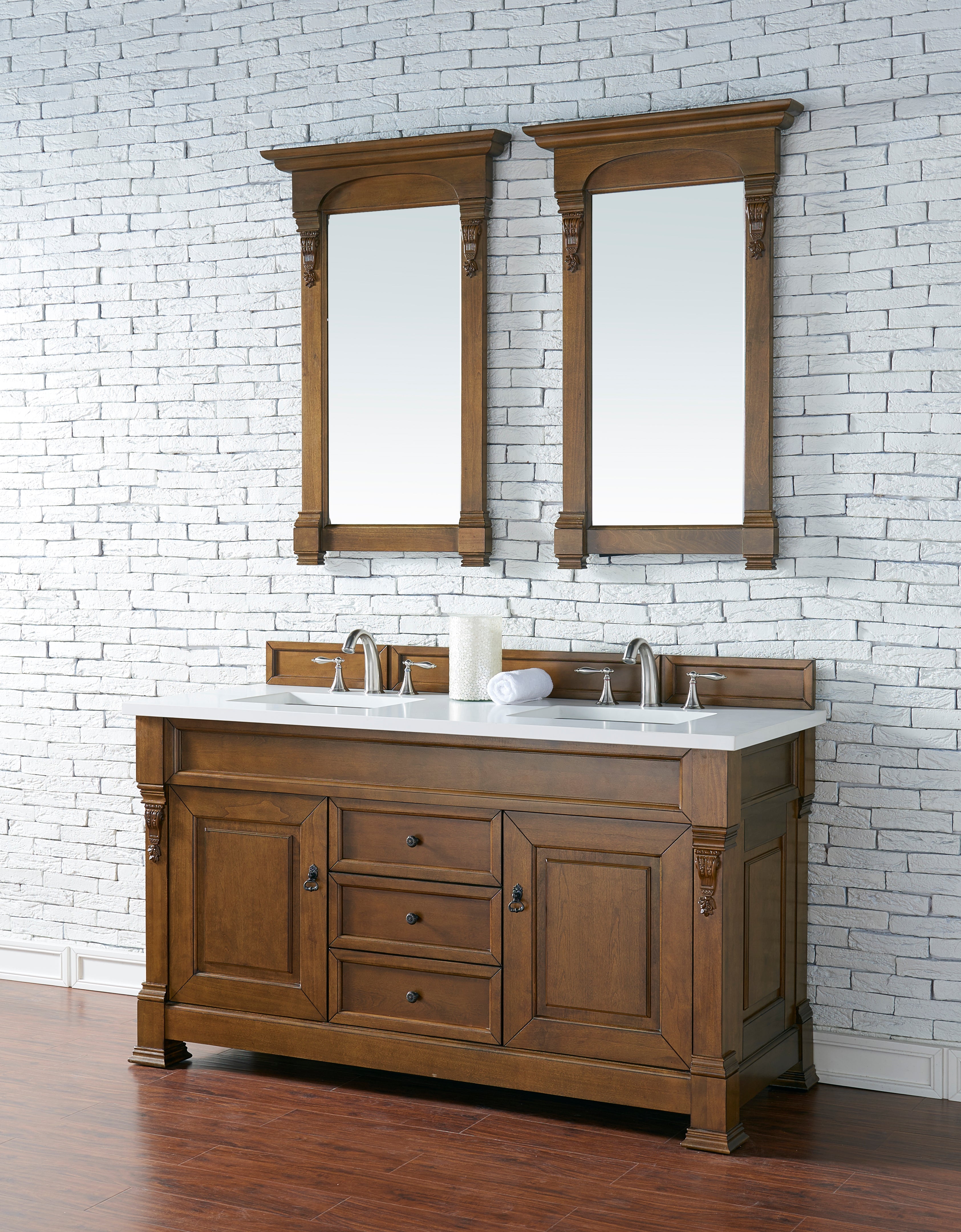Brookfield 60-Inch Double Vanity with Country Oak Finish & 3CM Classic White Quartz Top – Perfect for Bathroom Renovation & Modern Home Decor