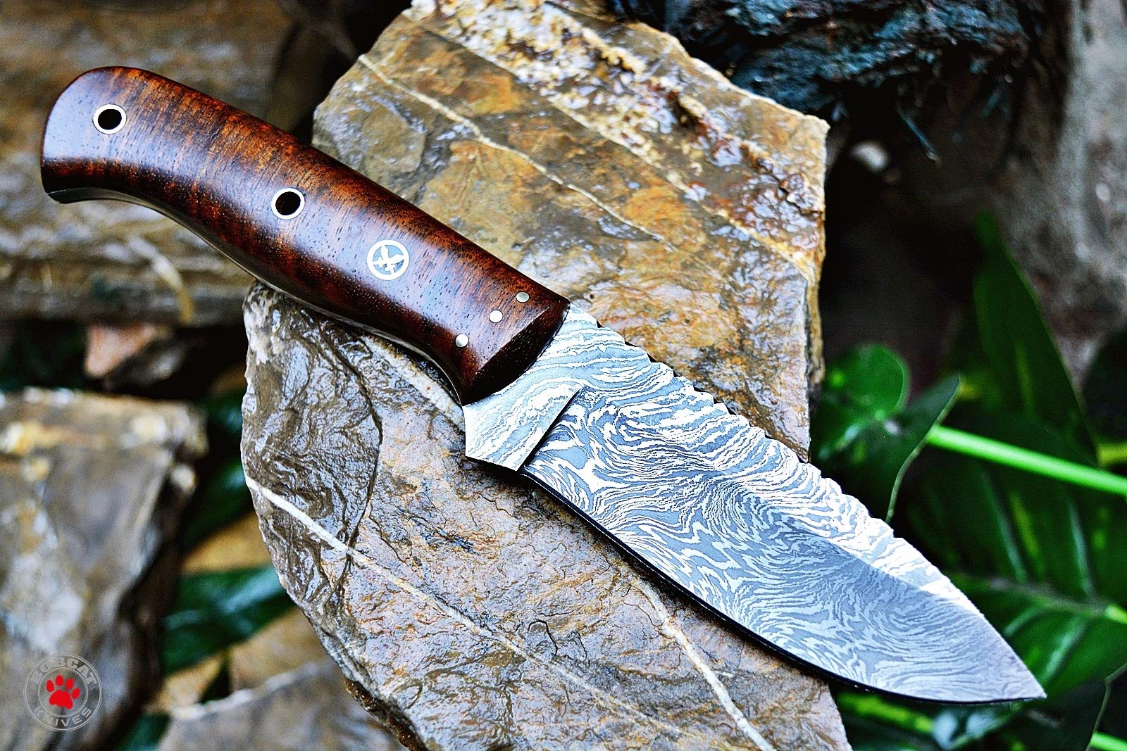 BigCat | Handmade Damascus Steel Bushcraft Survival Knife with Leather Sheath - EDC Skinner Knife for Outdoor Camping, Hunting & Everyday Carry | Little Champ Survival Tool