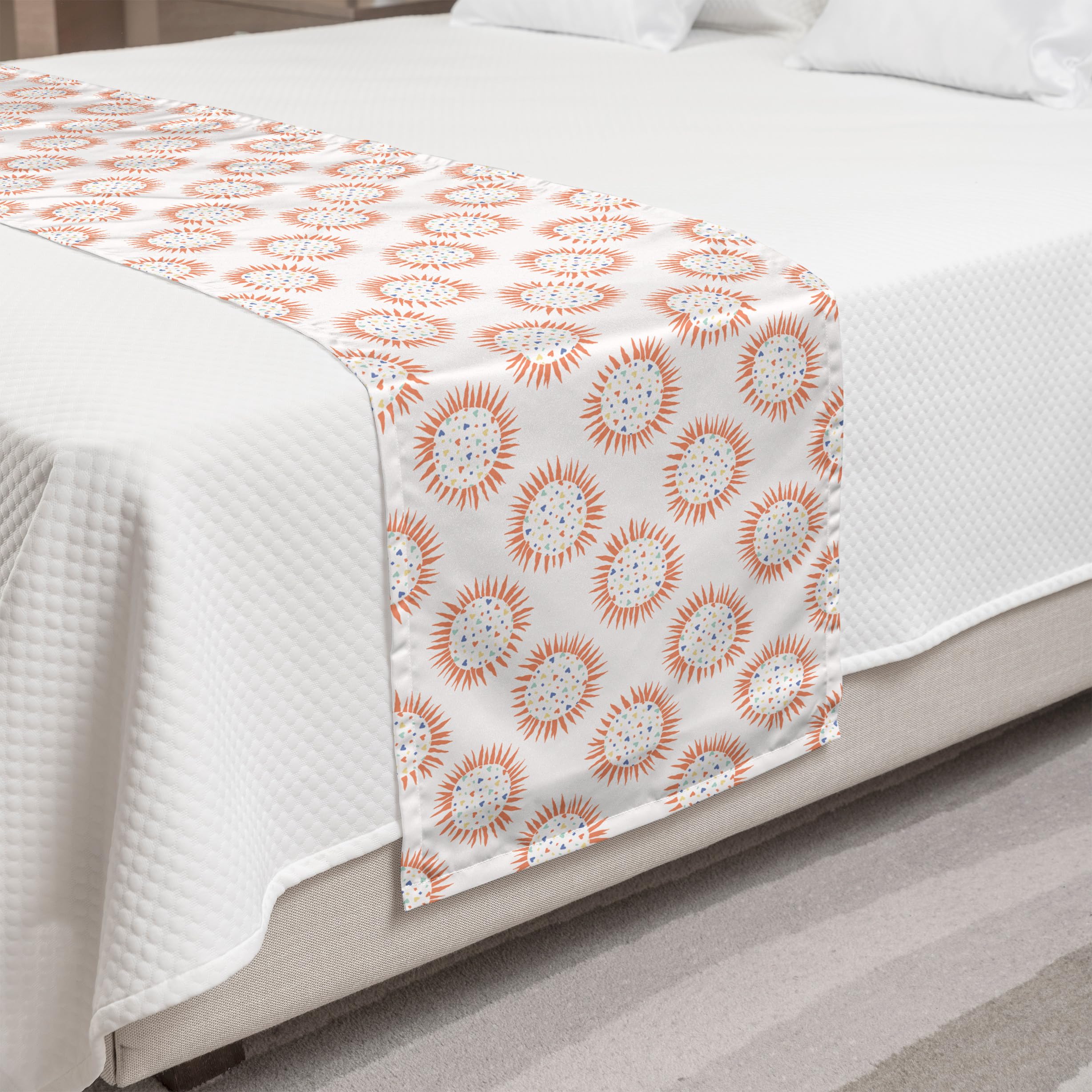 Ambesonne Abstract Bed Runner - Hand Drawn Sun & Mini Heart Design, Decorative Bed Scarf for King Size Beds, Coconut Salmon Color - Perfect for Hotels, Homes & Guest Room Decor