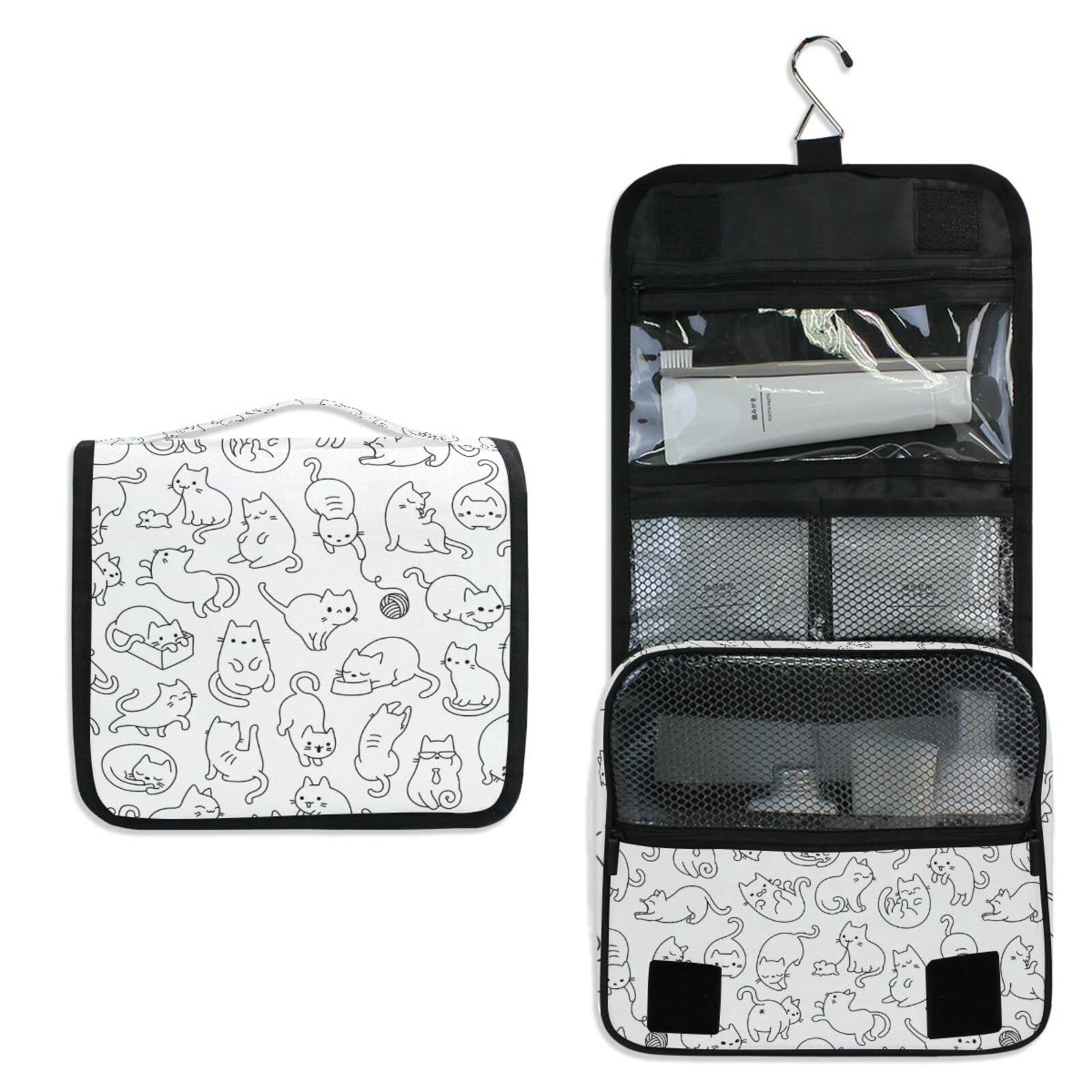 Moyyo White Cartoon Cats Hanging Travel Toiletry Bag - Waterproof Cosmetic Makeup Organizer for Women & Men - Portable Wash Bag for Gym, Camping, Business Trips & Vacation - Perfect Toiletry Organizer for Kids & Adults