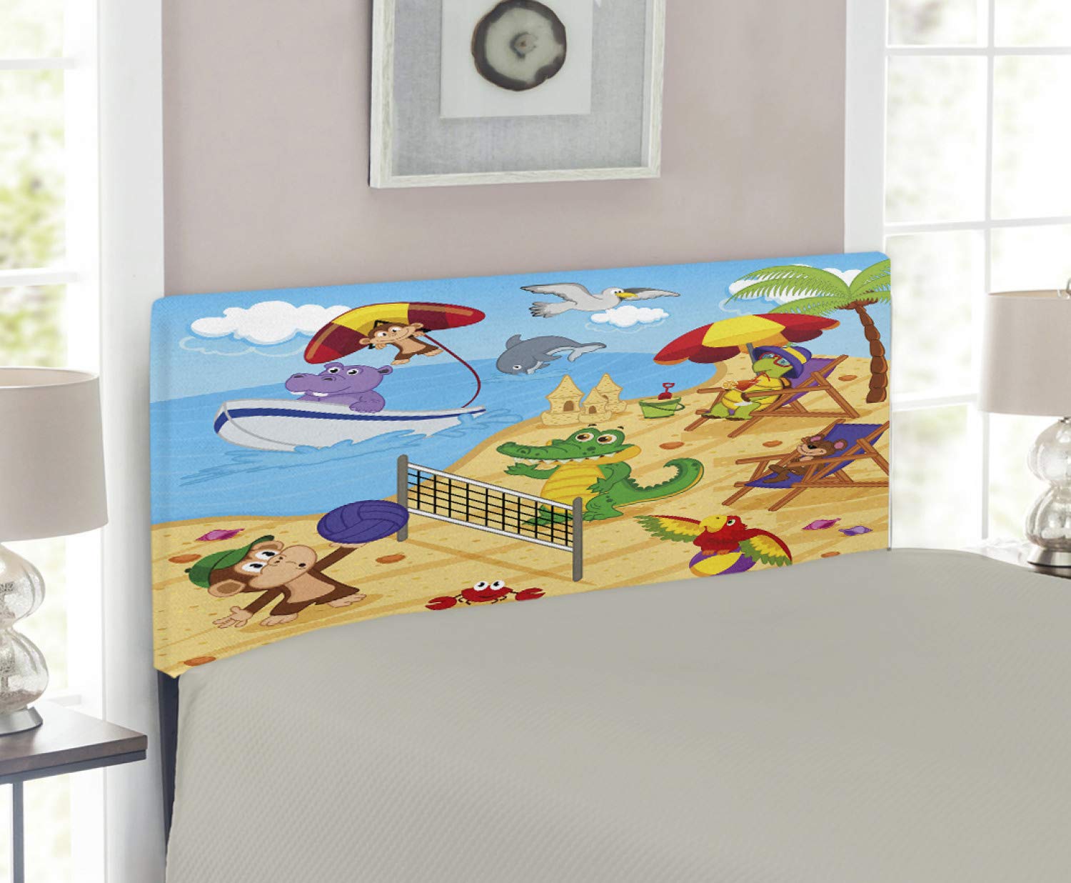Ambesonne Animal Print Headboard - Cartoon Beach Scene with Monkey, Hippo & Dolphin - Upholstered Metal Bed Frame with Memory Foam - Twin Size Multicolor - Perfect for Kids' Room & Beach-Themed Bedroom Decor