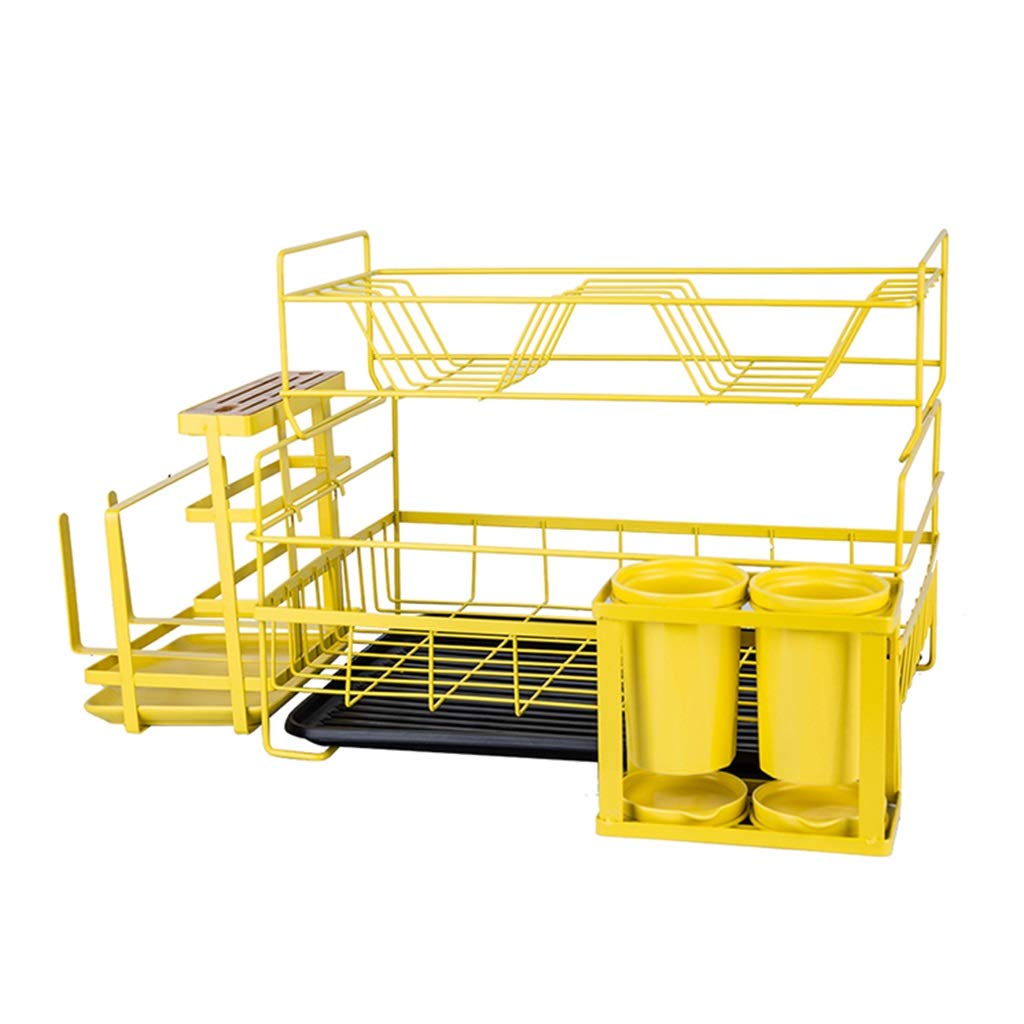 Stainless Steel Dish Drying Rack - 62.5x32x40.5cm Multifunctional Kitchen Storage Organizer with Wrought Iron Frame & Baking Paint (Yellow) - Perfect for Countertop, Sink Side & Small Space Kitchen Organization