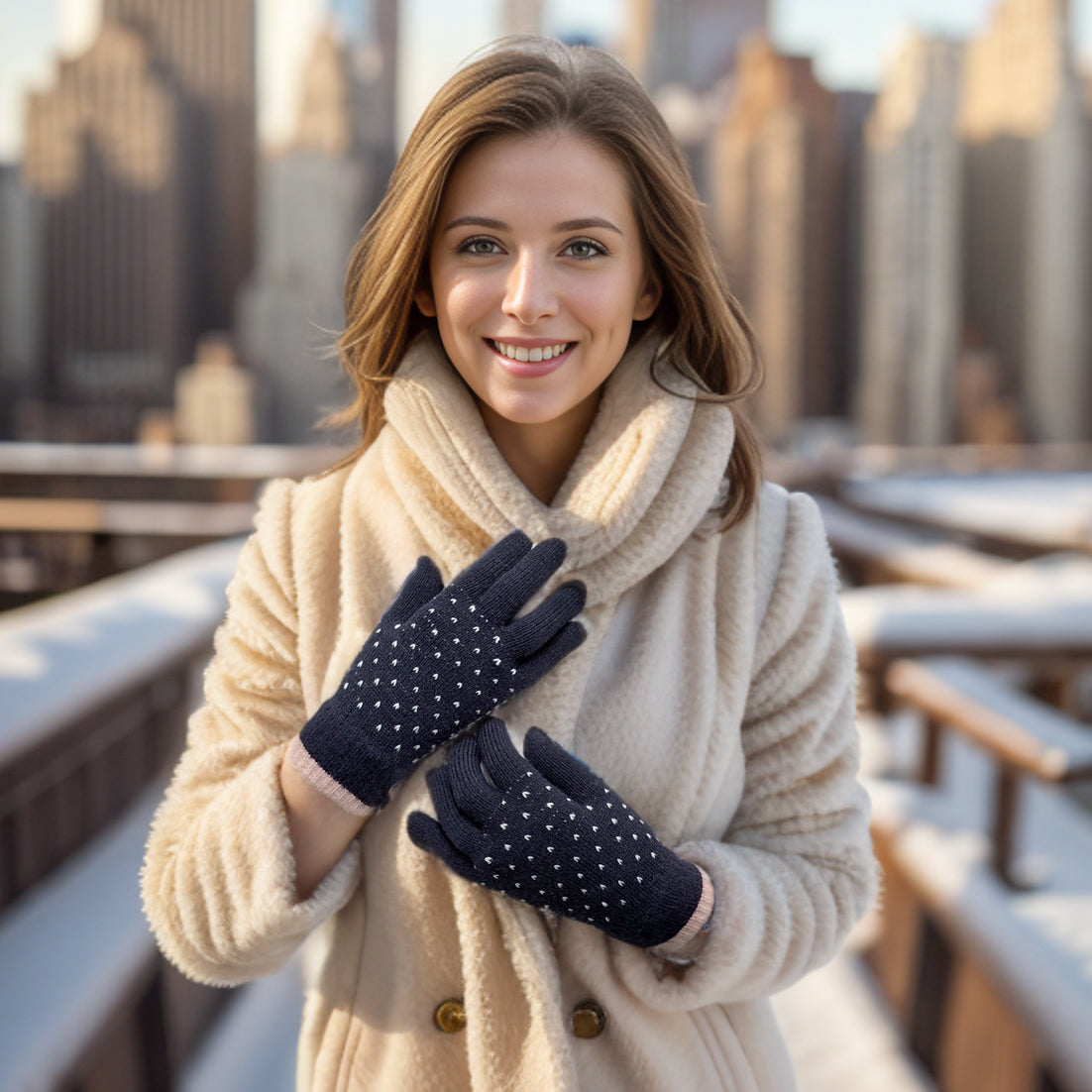 Tiny Hearts Gloves - Navy Blue Winter Gloves for Women, Soft & Warm Knitted Gloves, Perfect for Cold Weather, Outdoor Activities, and Daily Use
