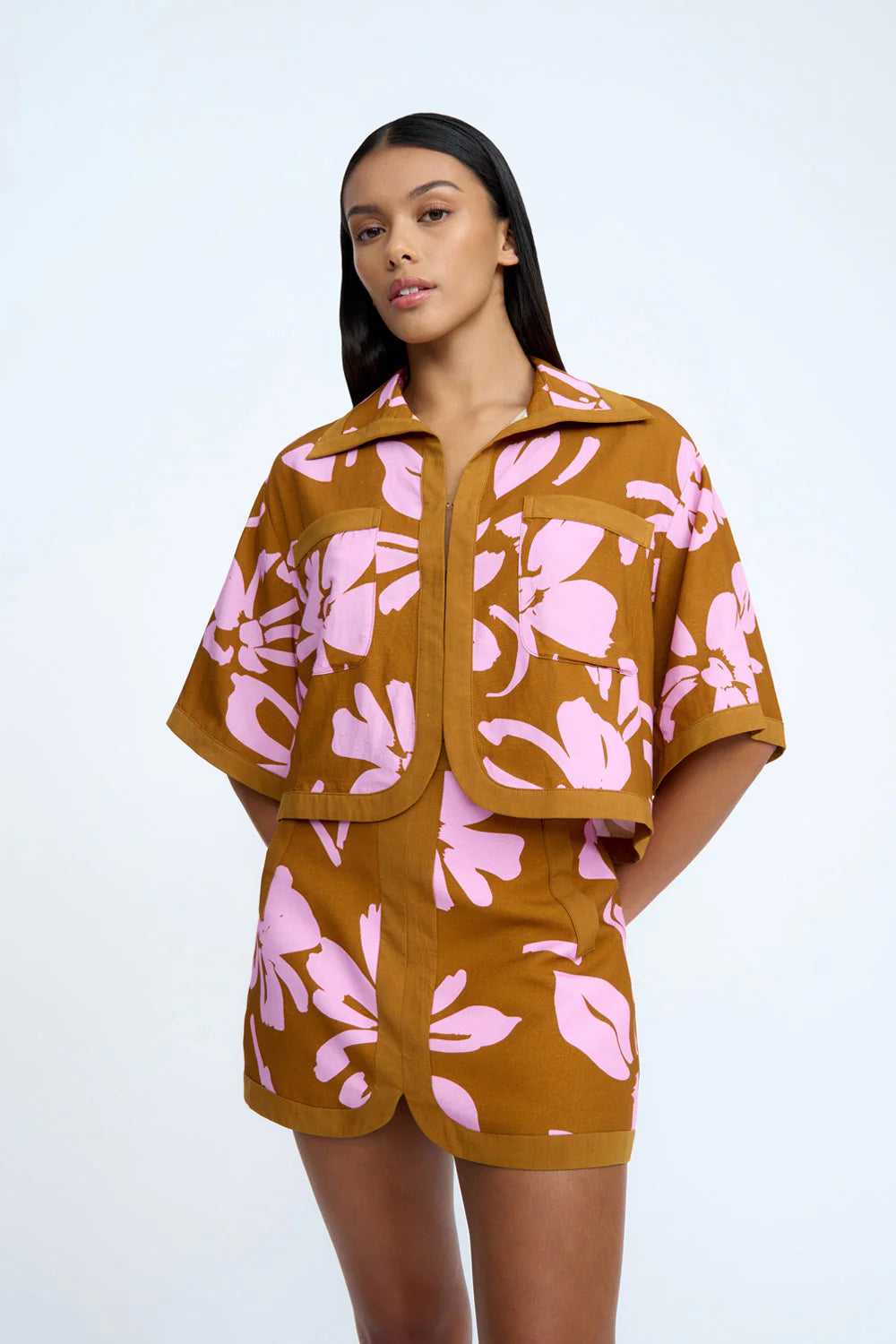 Floral Embroidered Jean Shirt for Women - Pink Clay Wash Denim Top - Casual Boho Style for Spring & Summer Outfits