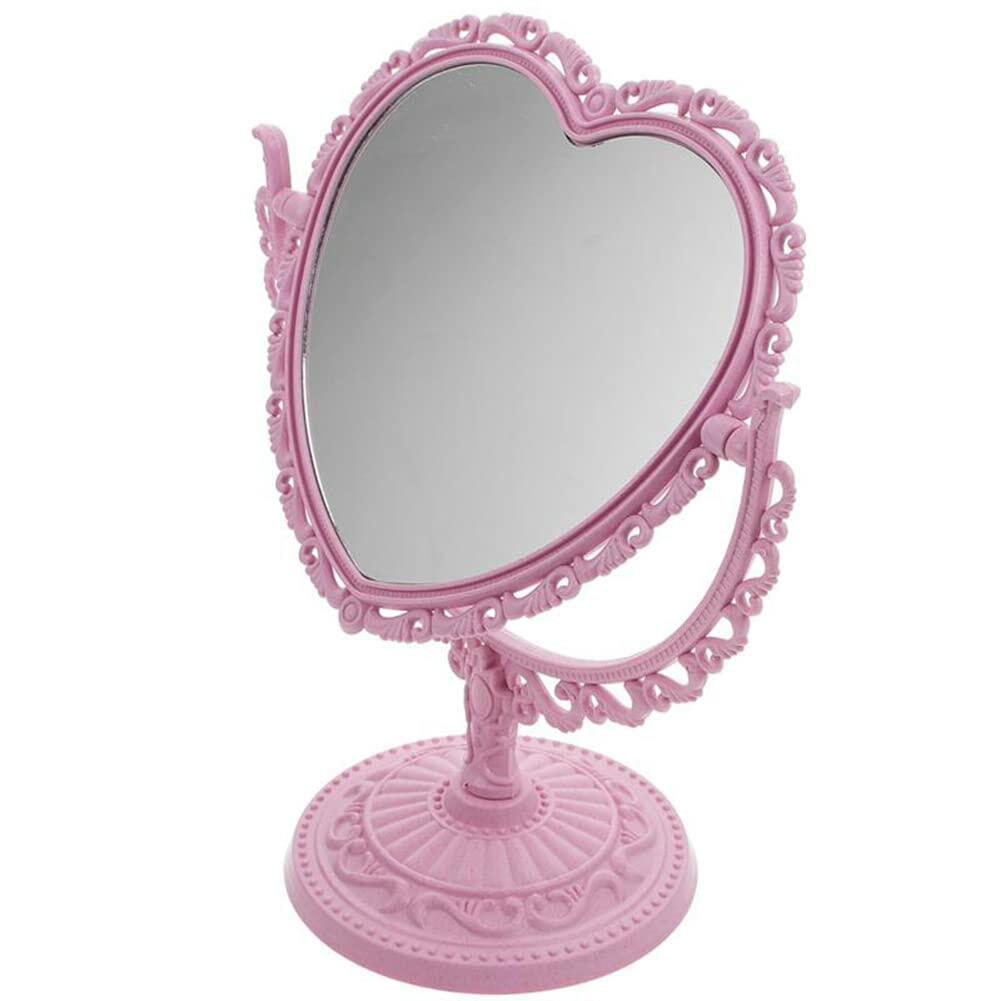 1 Pack Heart Shaped Cosmetic Mirror - Double Sided Pink Plastic Makeup Mirror with Stand, Portable Travel Vanity Mirror for Home, Bathroom, Dorm & Purse (Cute Gift for Women & Girls)
