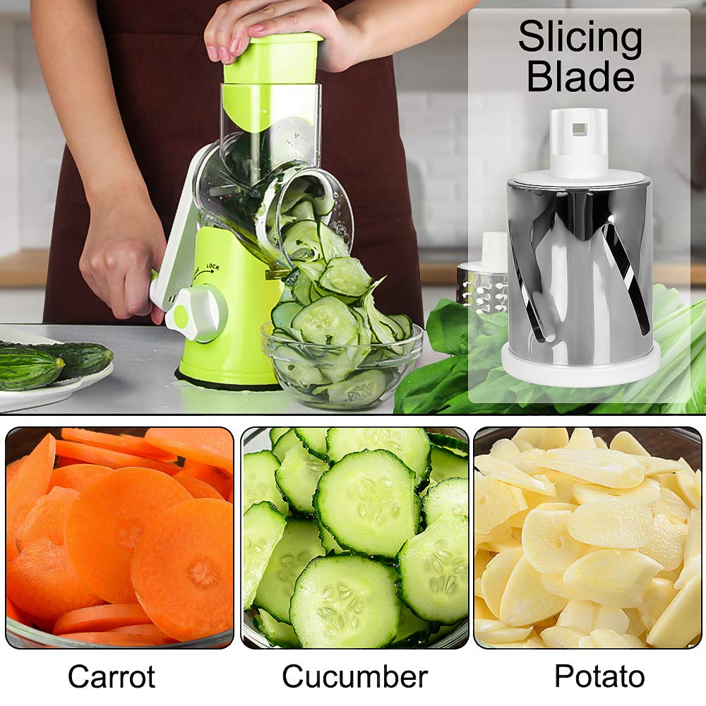 Premium Rotary Cheese Grater - 3 Interchangeable Stainless Steel Blades for Effortless Shredding | Perfect for Cheese, Vegetables, Nuts & Fruits | Easy to Clean Kitchen Gadget (Green) - Ideal for Meal Prep, Pizza Topping & Salad Making