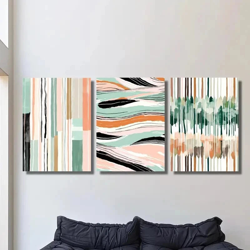 3-Piece Colorful Striped Green & Pink Metal Wall Art Prints - Ready to Hang - Perfect for Living Room, Bedroom & Office Decor
