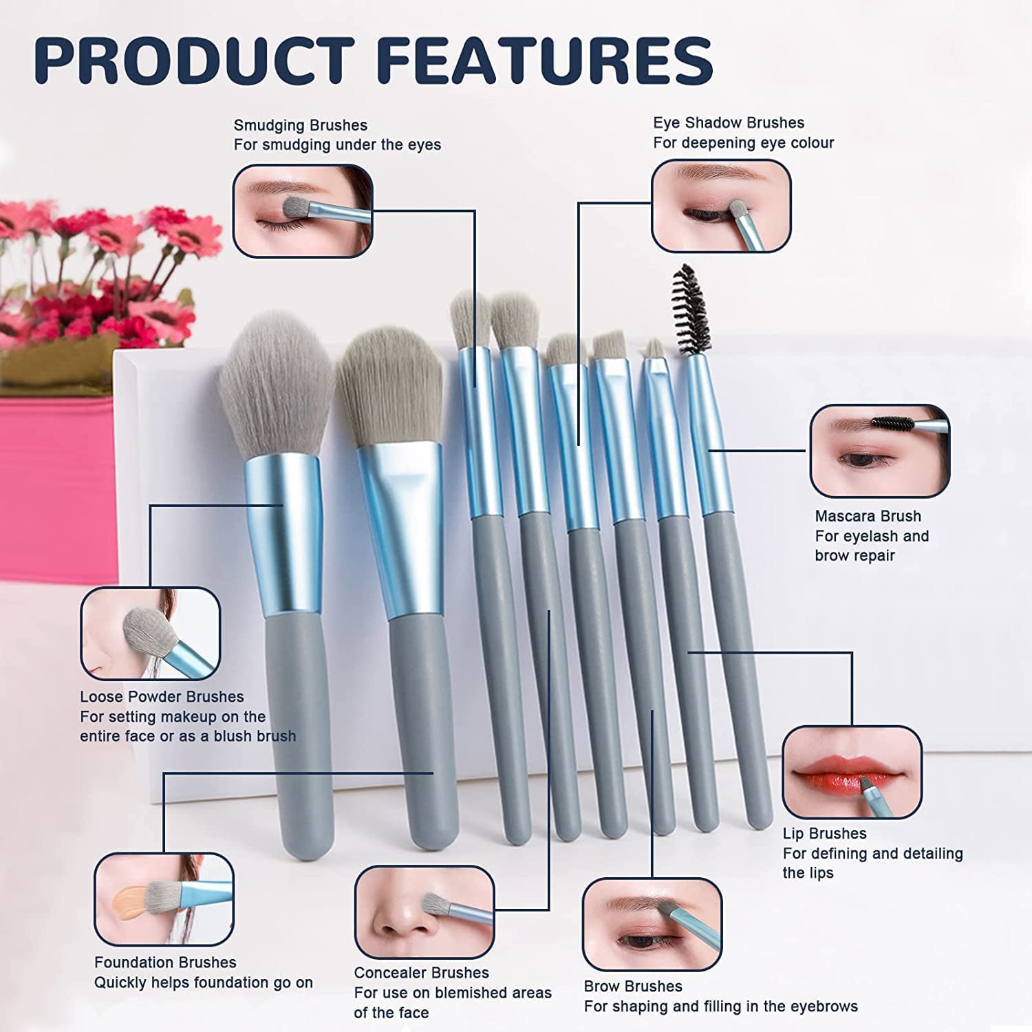 8Pcs Makeup Brush Set for Foundation & Eyeshadow - Travel Size Beauty Kit with Sponge for Daily Makeup