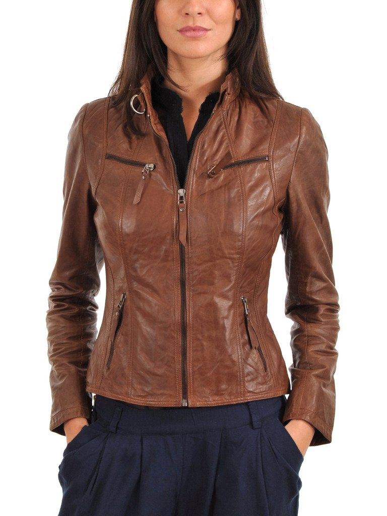 Women's Brown Lambskin Genuine Leather Biker Jacket - Stylish Outerwear for Motorcycle Riding, Casual Outfits & Fall Fashion