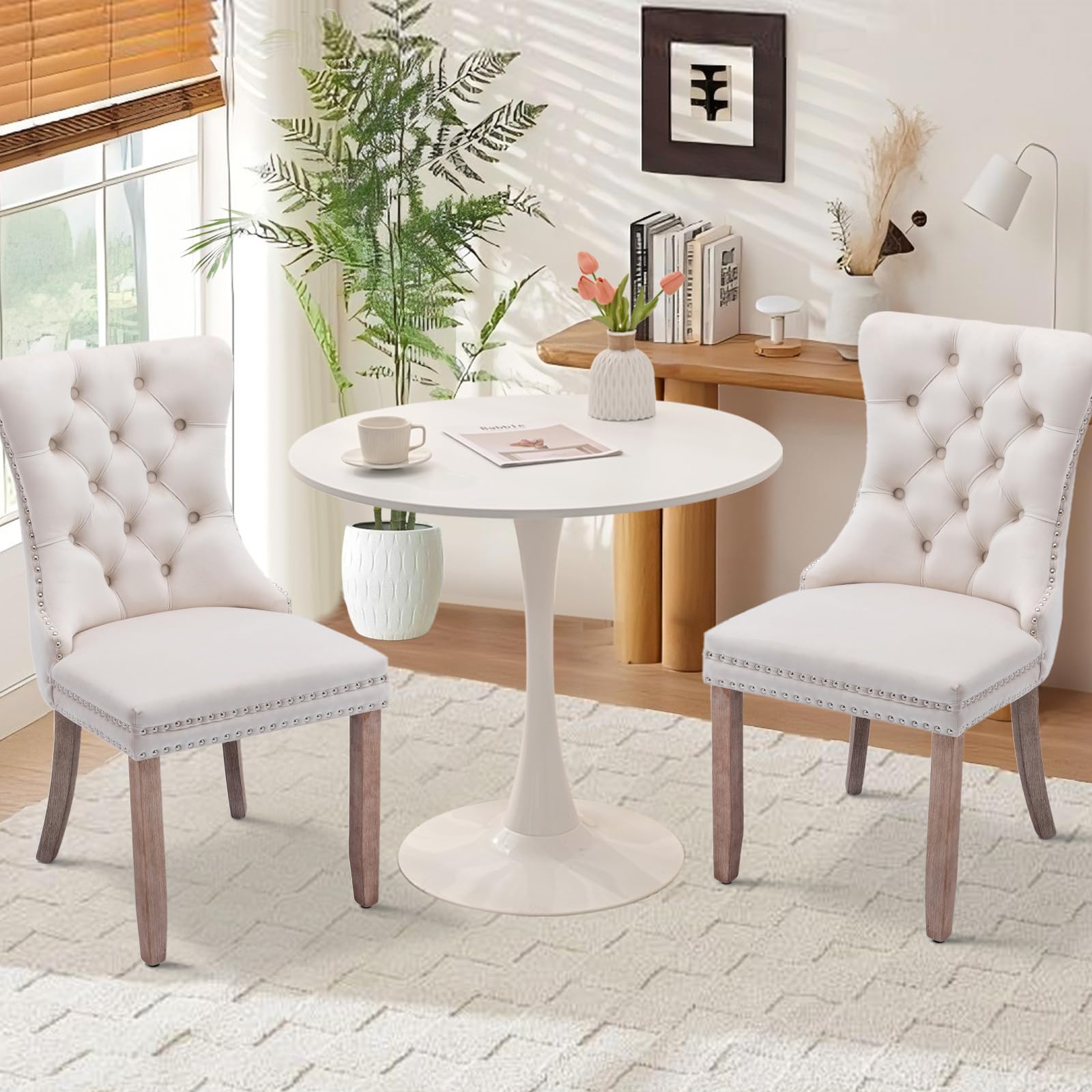 SoarFlash 3-Piece Round Dining Table Set for 2 - Velvet Upholstered Chairs, Small Space Kitchen Table with Beige/White Finish - Perfect for Apartments, Breakfast Nooks & Cozy Dining Areas