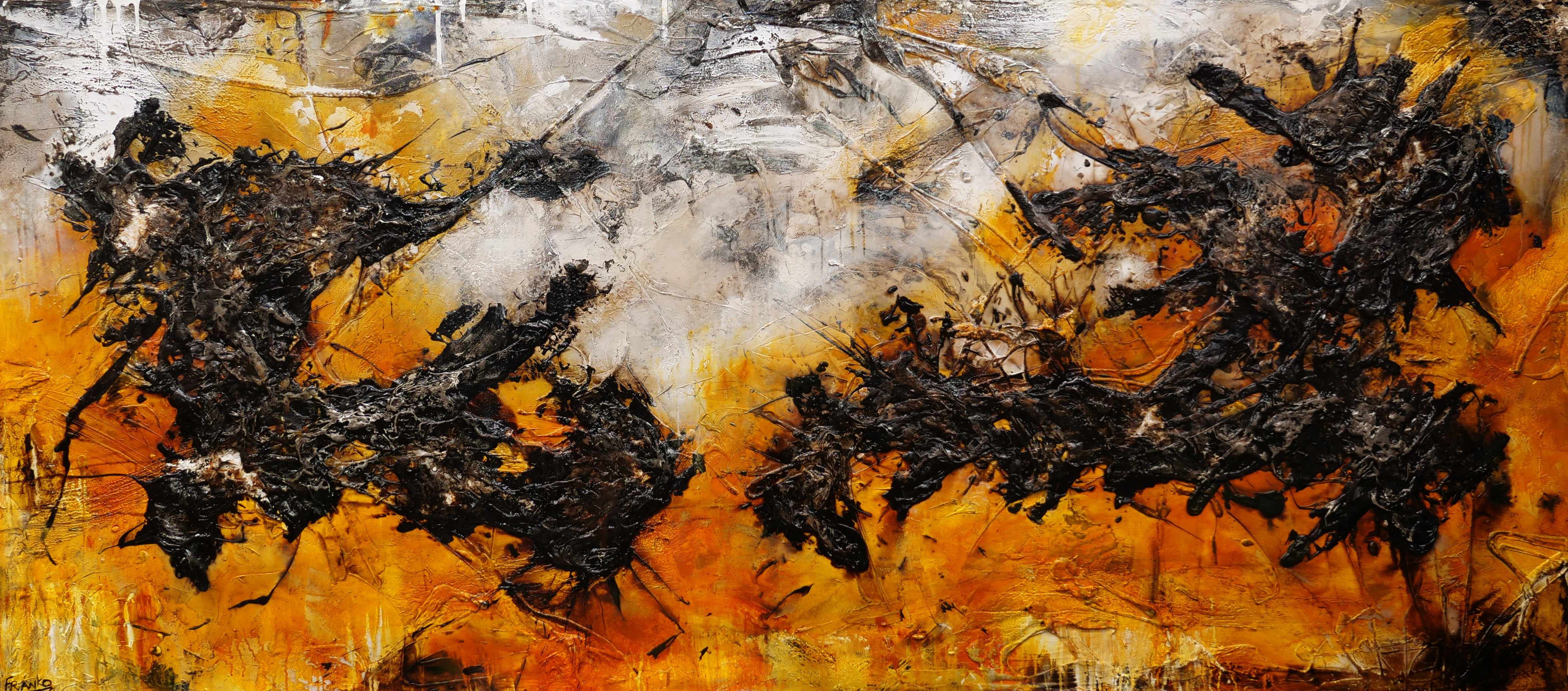 Grunged Sienna 270cm x 120cm Abstract Textured Canvas Painting in Black - Perfect for Modern Living Room & Office Wall Decor