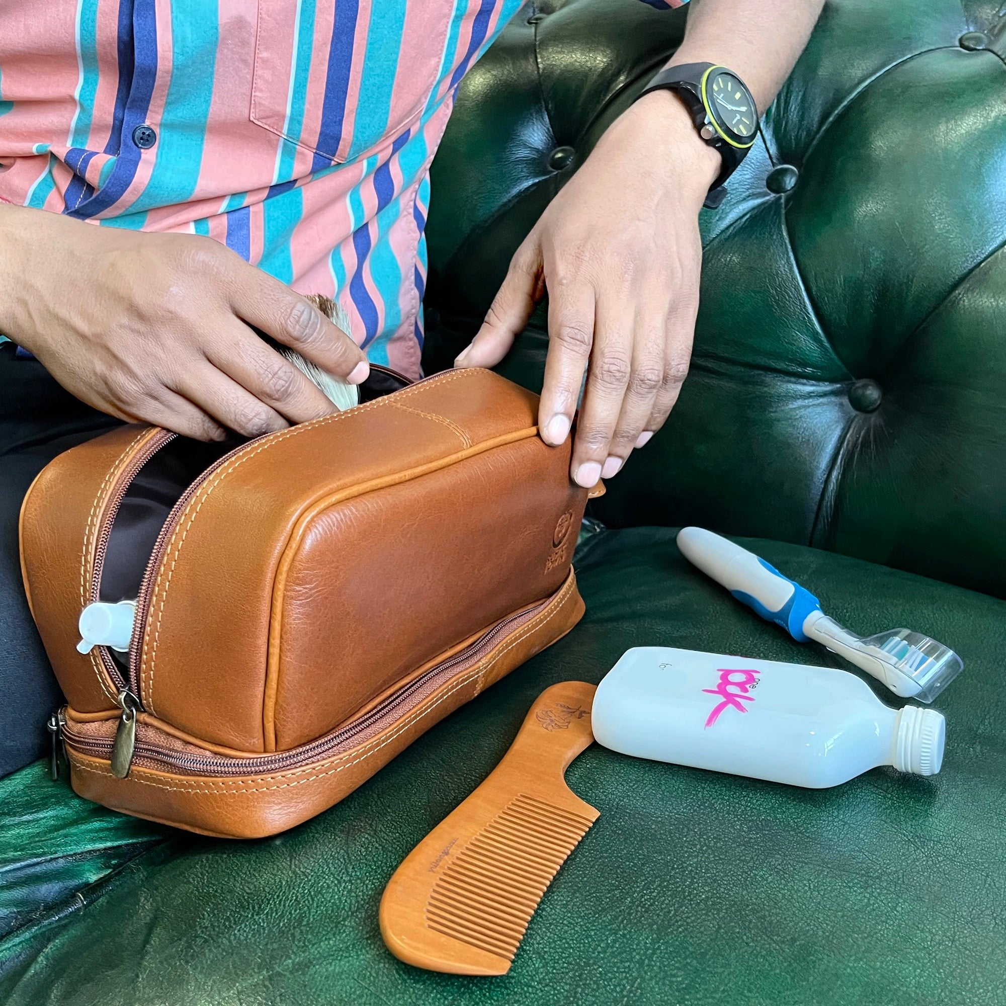 Premium Leather Travel Makeup Bag for Women - Waterproof Cosmetic Organizer Toiletry Pouch (Cognac Brown) - Perfect for Vacation, Business Trips & Gym Essentials
