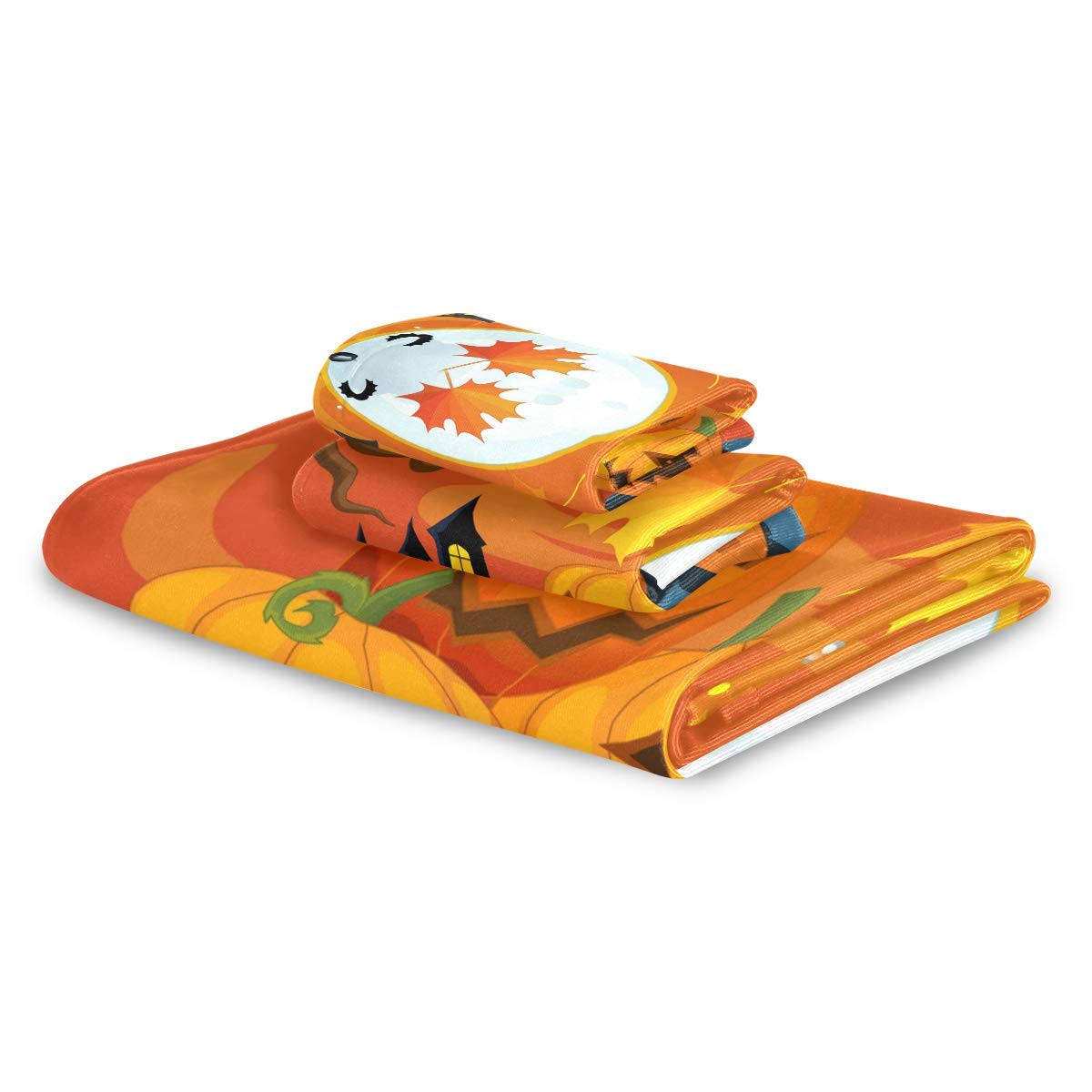 Halloween Pumpkin Leaf Owl Print Bathroom Towel Set - 3-Piece Decorative Towel Bundle (Bath Towel, Hand Towel & Washcloth) for Spooky Fall Bathroom Decor & Seasonal Home Styling