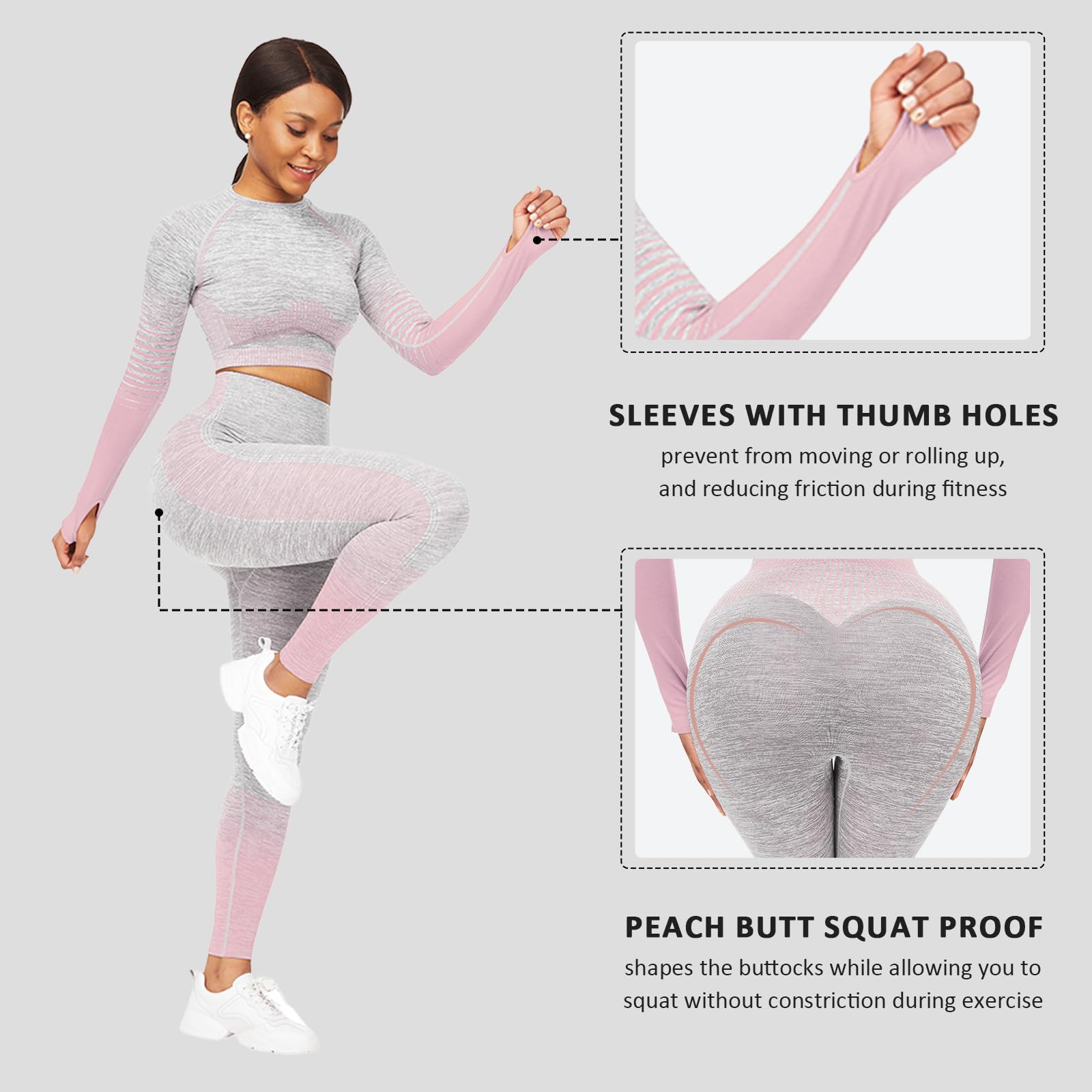 FeelinGirl Women's 2-Piece Workout Set - Long Sleeve seamless ribbed crop top & high waist leggings - Yoga, Gym, Running & Lounge Wear