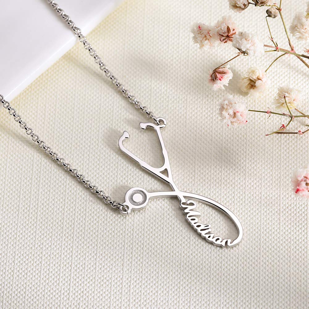 Personalized Stethoscope Name Necklace - 925 Sterling Silver, 10k/14k/18k Gold Engraved Pendant for Doctors & Nurses | Custom Medical Jewelry Gift for Healthcare Professionals | Perfect for Graduation, Appreciation & Daily Wear