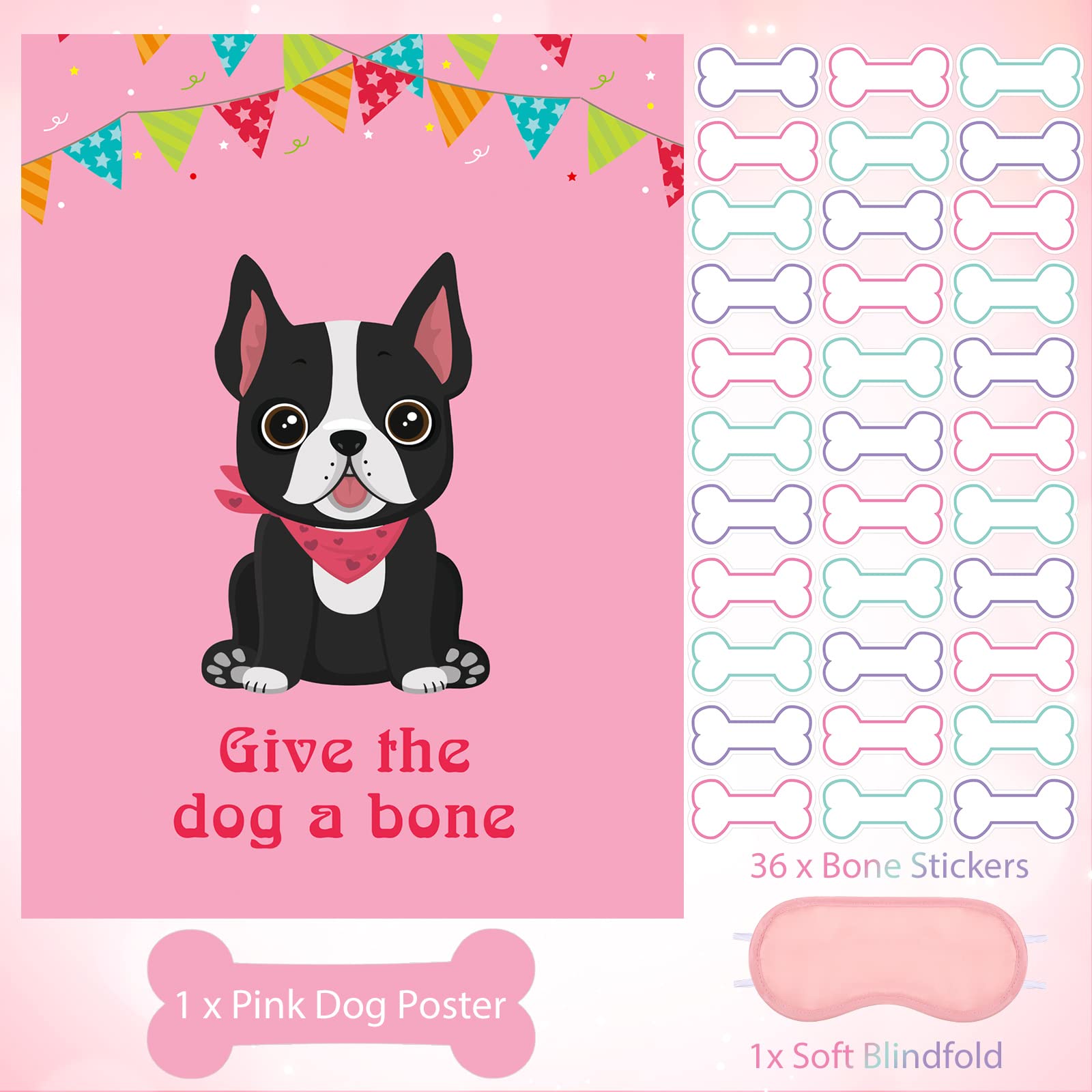 38-Piece Pin The Bone on The Dog Party Game Set - Fun Blindfolded Kids Activity with Stickers & Poster - Perfect for Dog-Themed Birthday Parties, Classroom Games & Family Gatherings (Pink)