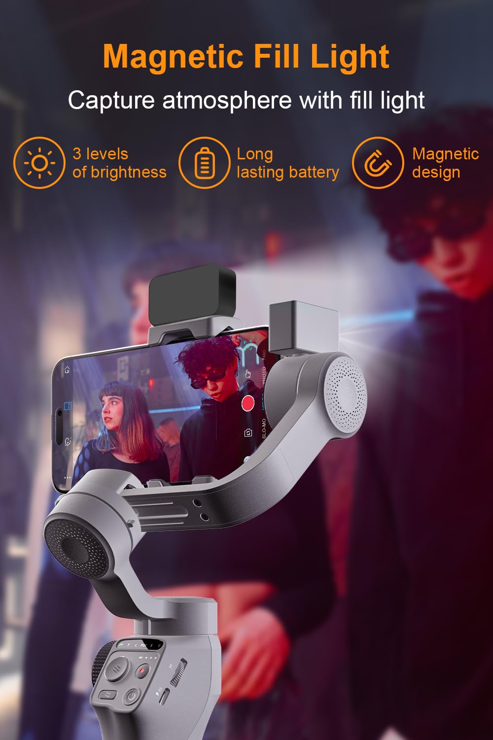 FUNSNAP C05 3-Axis Smartphone Gimbal Stabilizer with Magnetic Fill Light & AI Tracking - Compatible with iPhone 15/14 Pro Max & Android Phones - Perfect for Vlogging, Live Streaming & Smooth Video Recording
