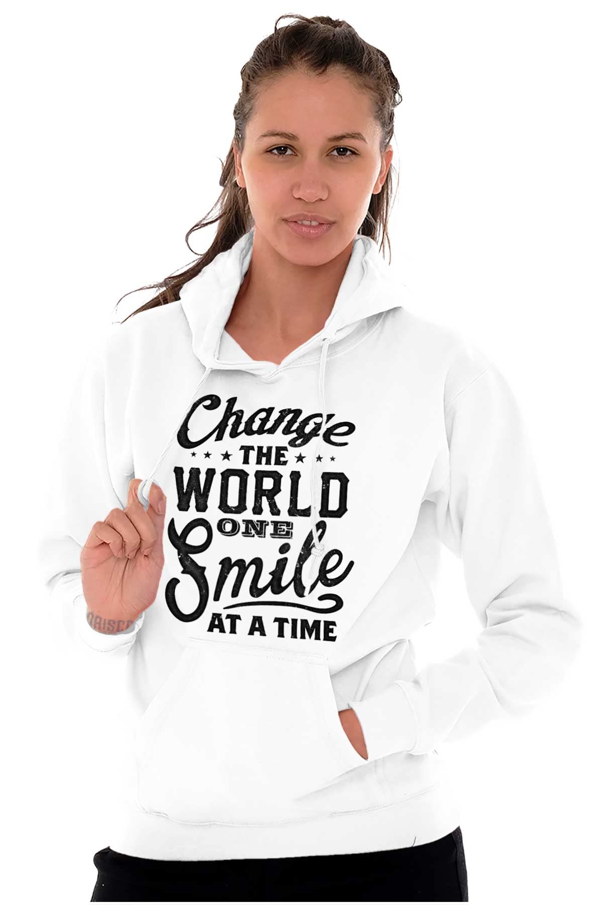 Brisco Brands Inspirational Hoodie Sweatshirt for Women - Change the World One Smile at a Time - Cozy Pullover for Casual Wear, Gym & Outdoor Activities
