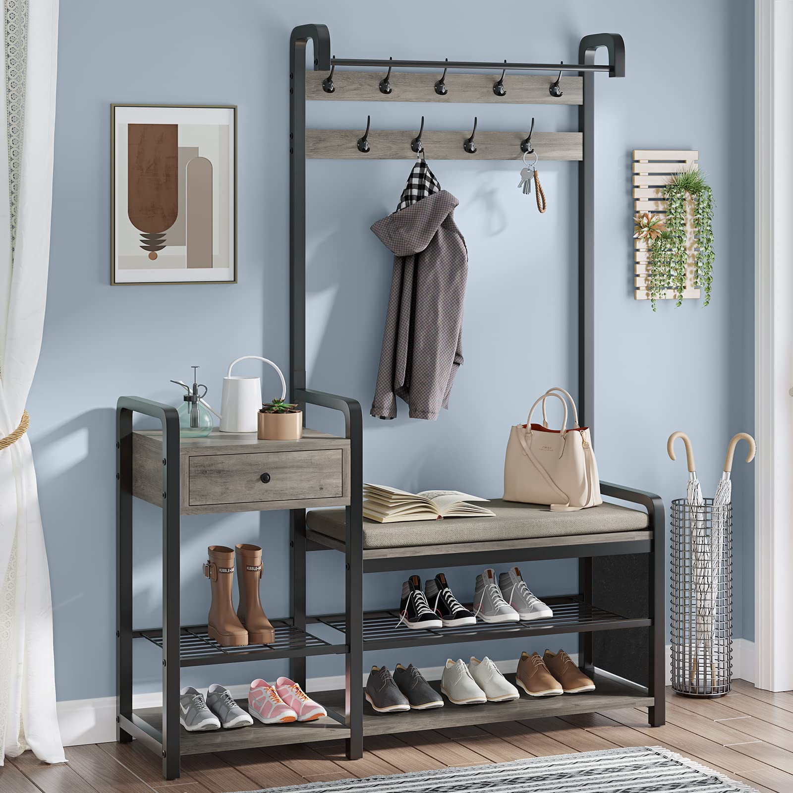 Itaar Hall Tree with Storage - Entryway Bench & Shoe Rack, Coat Rack Furniture with Soft Cushion and Hanging Rod, Oak Grey - Perfect for Foyer, Mudroom, and Home Organization