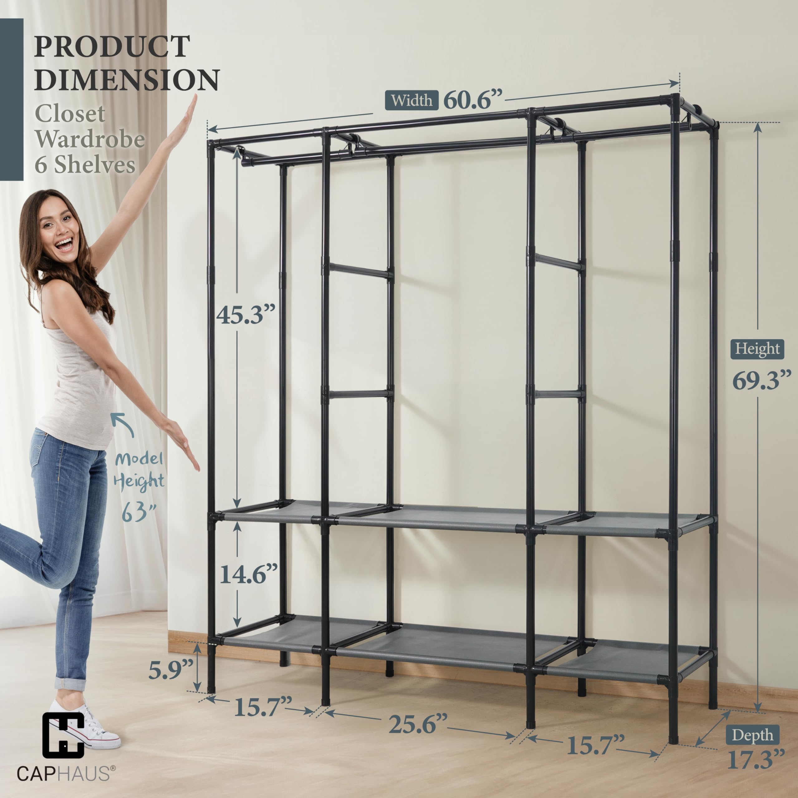 CAPHAUS 61-Inch Heavy-Duty Clothing Rack with Cover - 25MM Steel Tube Portable Closet Wardrobe, 390LB Capacity Metal Garment Rack for Hanging Clothes | Perfect for Home Organization, Closet Storage, Laundry Room & Retail Display