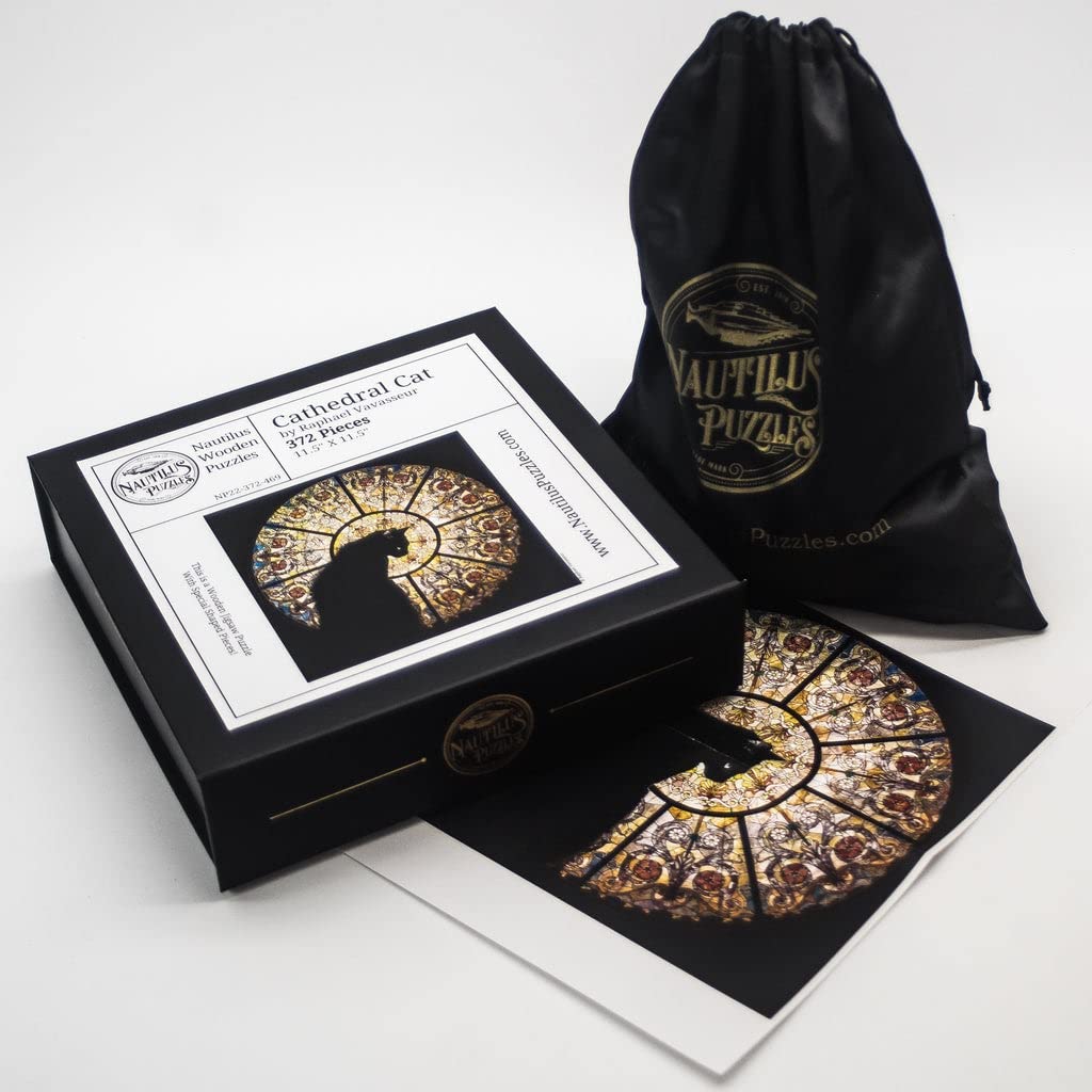 Premium Wooden Jigsaw Puzzle for Adults - Cathedral Cat Design - 372 Piece Challenging Puzzle - Handcrafted in USA by Nautilus Puzzles - Perfect for Stress Relief, Family Game Night & Home Decor