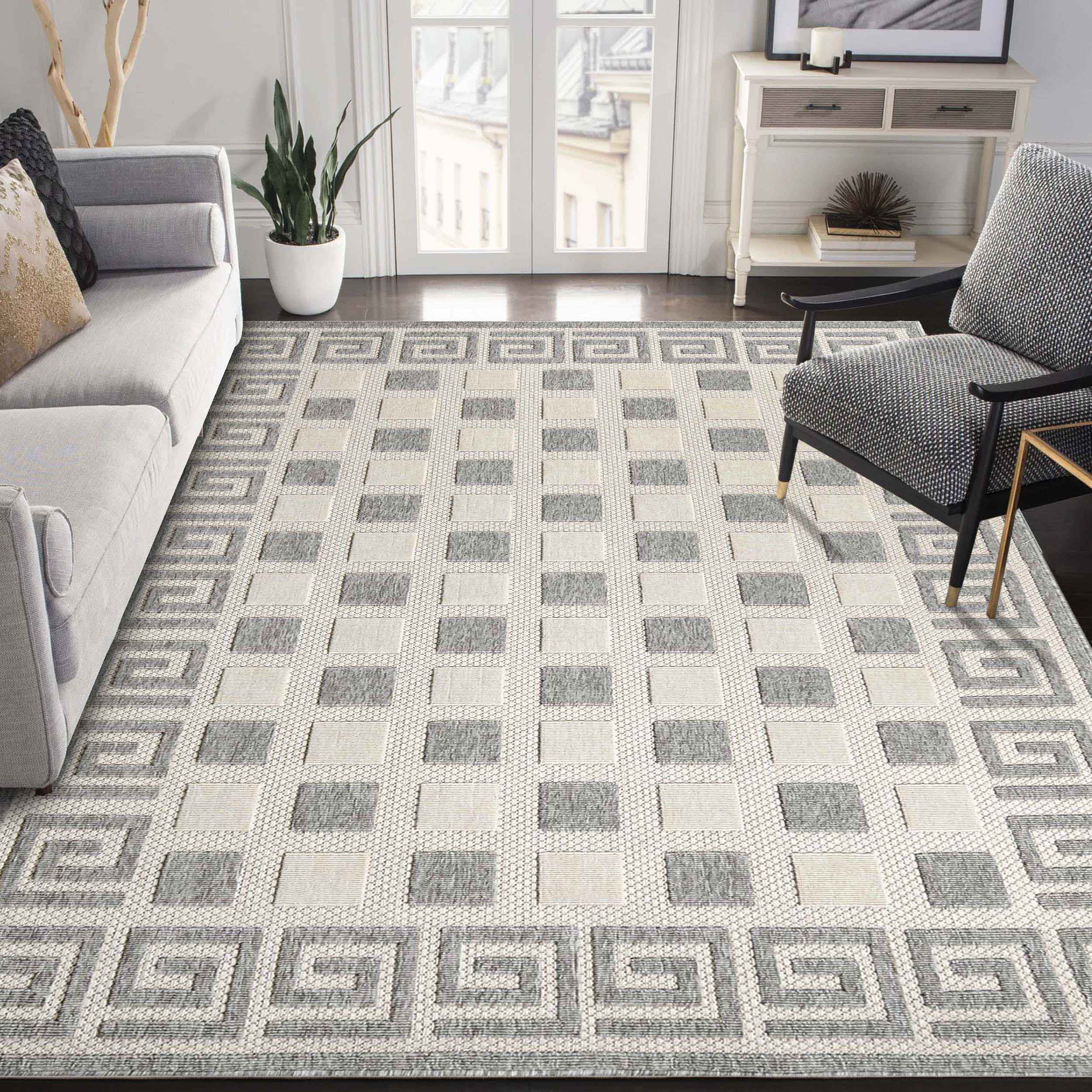 Modern Geometric Greek Key Pattern Rug - Non-Slip Indoor Outdoor Area Carpet for Living Room, Bedroom, Patio & Deck - Soft & Durable Home Decor