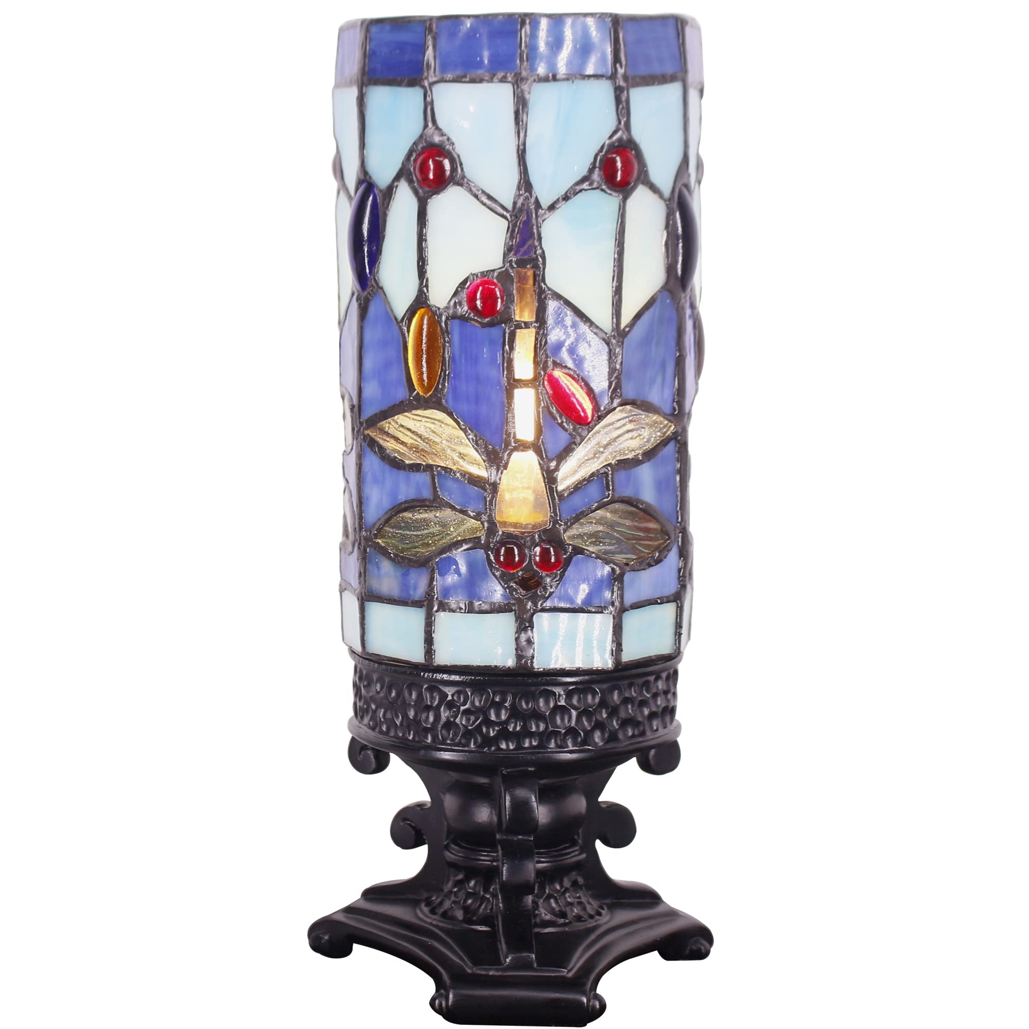 Mini Tiffany Table Lamp - Small Stained Glass Dragonfly Design, 10 Inch Tall Blue Candle Style Desk Lamp for Bedroom, Living Room, and Office Decor
