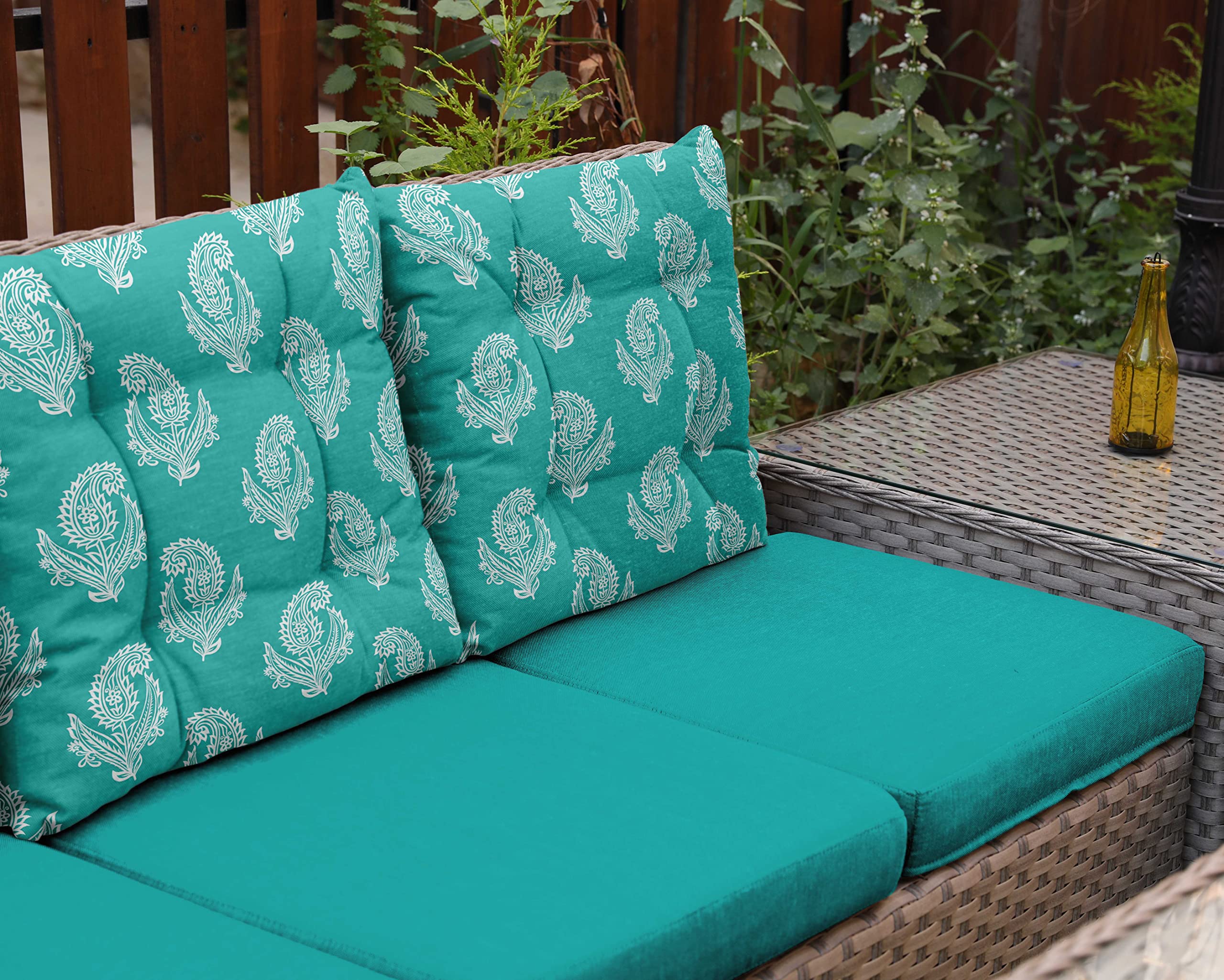 Water Resistant Indoor/Outdoor Tufted Square Patio Cushion Set of 2 - 19-inch Blue Asian Block Paisley Printed Seat Cushions for Garden, Balcony & Poolside Furniture