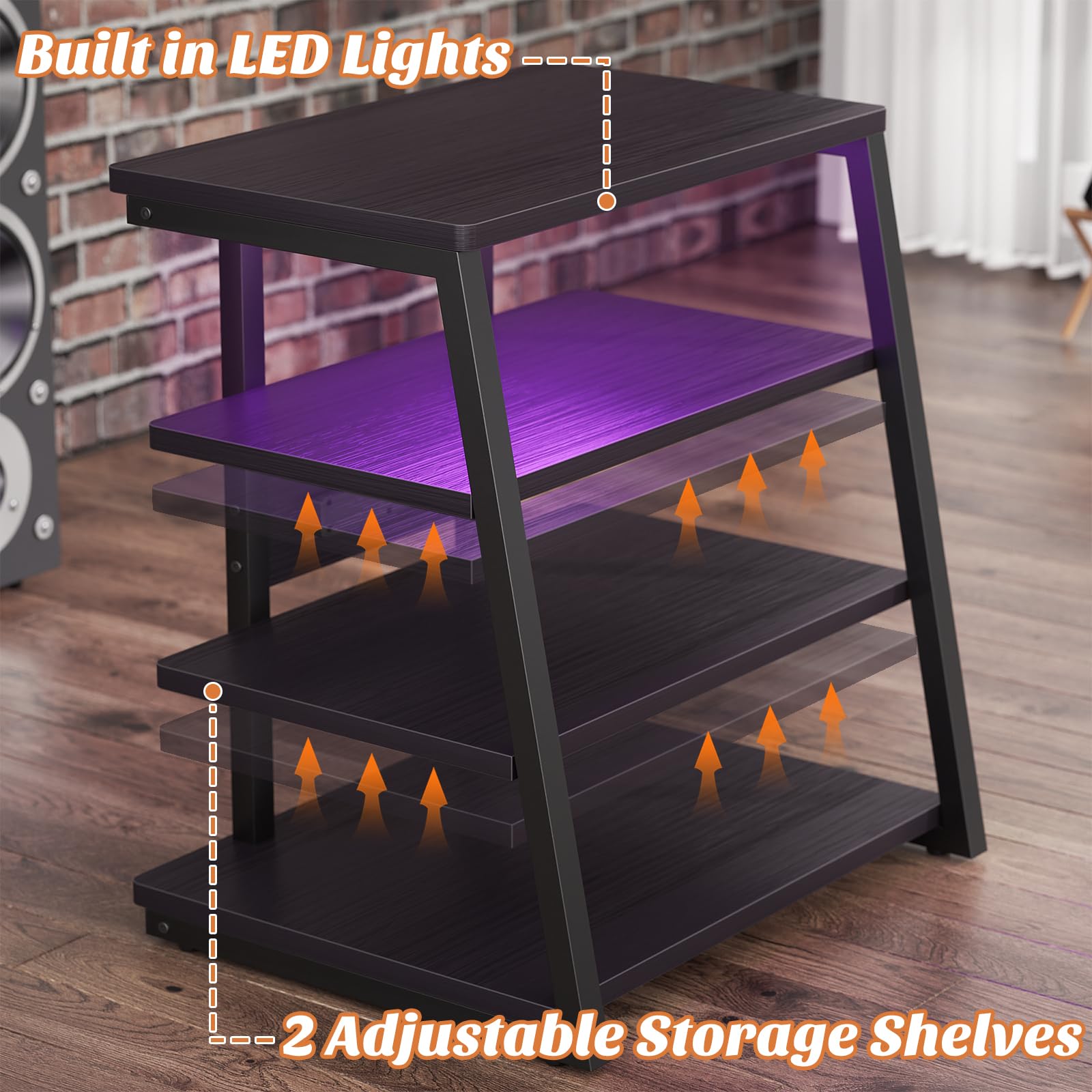 AV Media Stand with Power Outlets & LED Lights - Black Entertainment Center with Storage Shelves for TV, Stereo & Audio Equipment - Perfect for Living Room, Home Theater & Gaming Setup