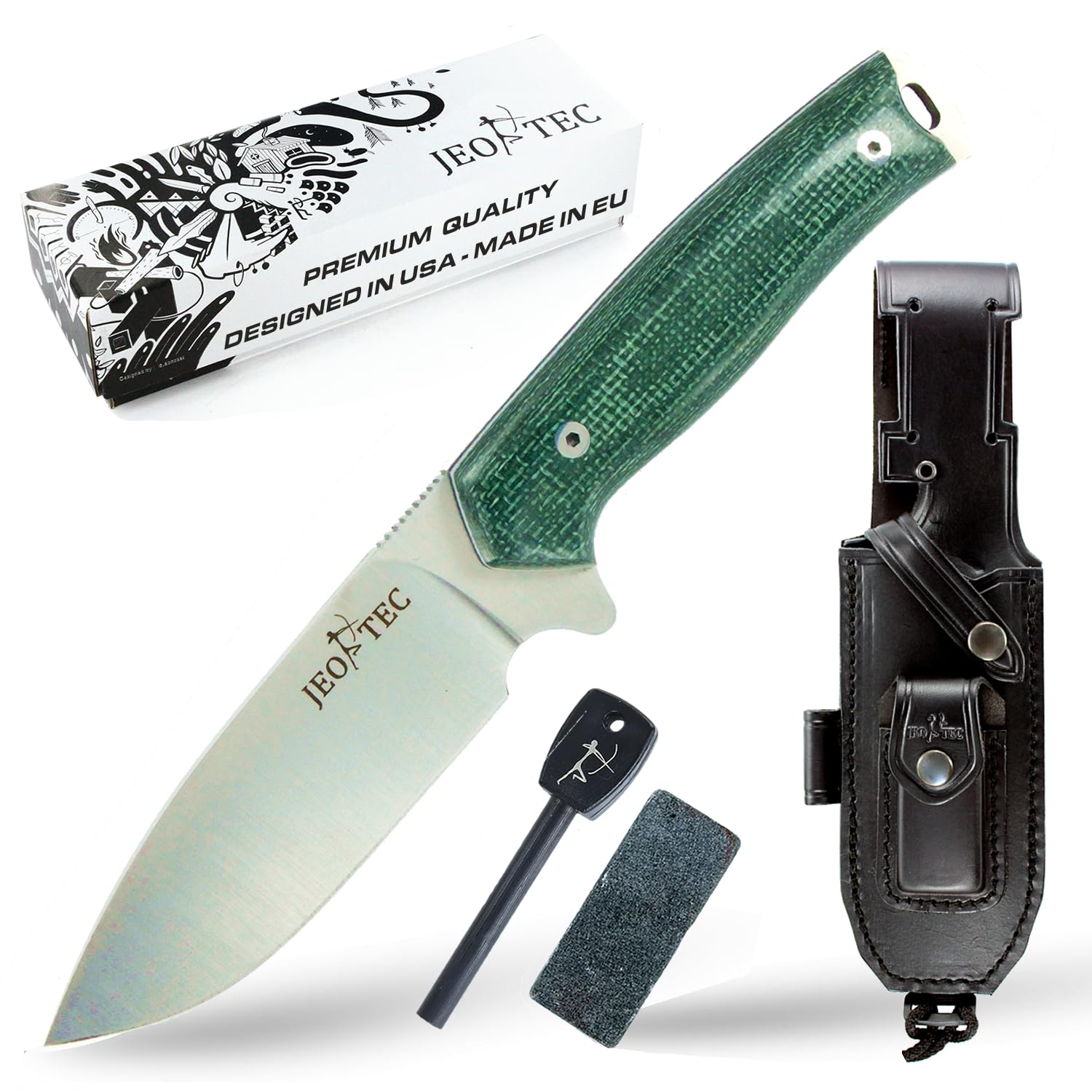 JEO-TEC No.21 Full Tang Bushcraft Survival Knife - N690C Steel Fixed Blade Hunting & Camping Knife with Leather Sheath (Horizontal/Vertical Carry) - Includes Fire Starter Scraper - Perfect Outdoor Gift for Men, Hikers & Survival Enthusiasts | Ideal for Camping, Hunting, Bushcraft & Emergency Preparedness