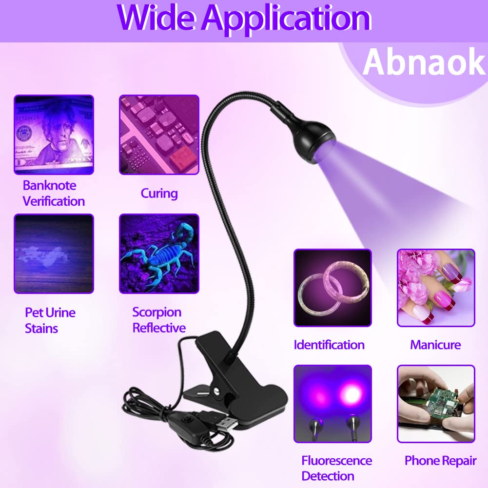 Abnaok USB 3W LED UV Ultraviolet Phone Glue Curing Lamp - Portable UV Nail Lamp for Gel Manicures & Phone Repair - Flexible Clamp Desk Light for Home, Salon & DIY Projects - Plug & Play Black