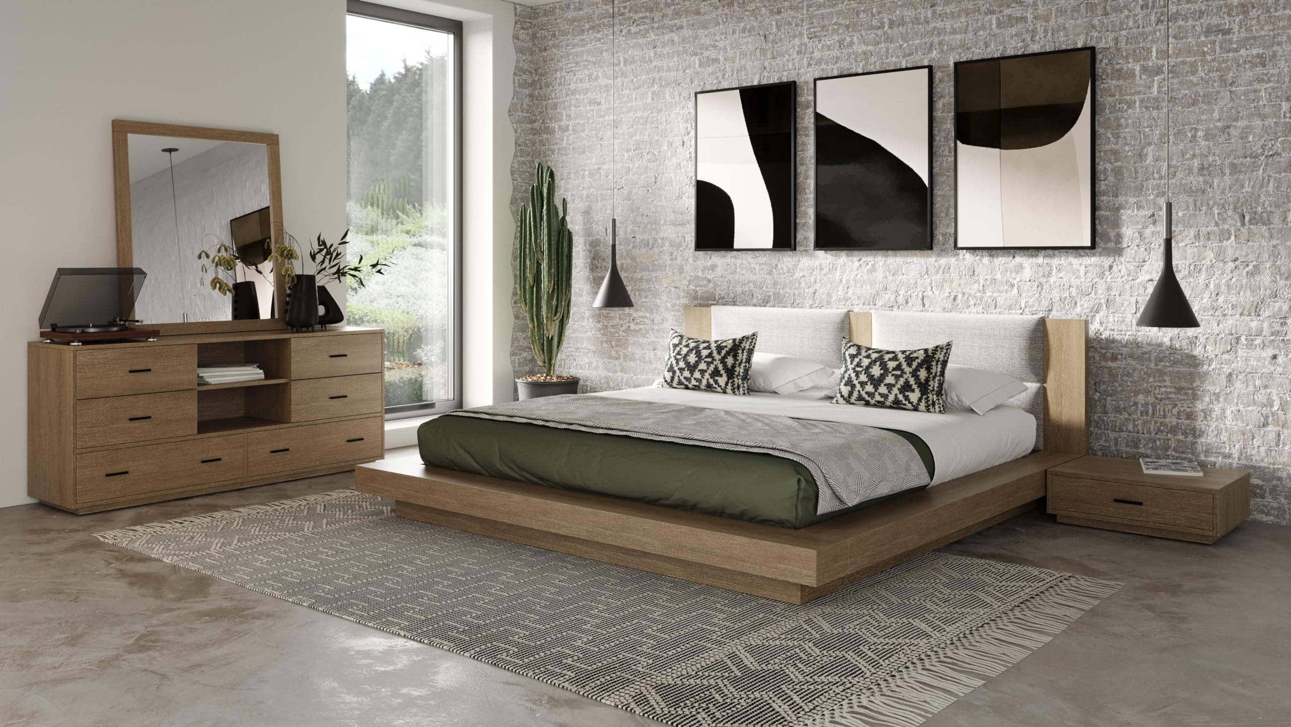 Gerda Collection Contemporary Solid Acacia Wood Veneer King Bed & 2 Nightstands 3-Piece Set - Light Walnut & Light Gray Polyester Upholstery | Perfect for Modern Master Bedrooms & Guest Rooms